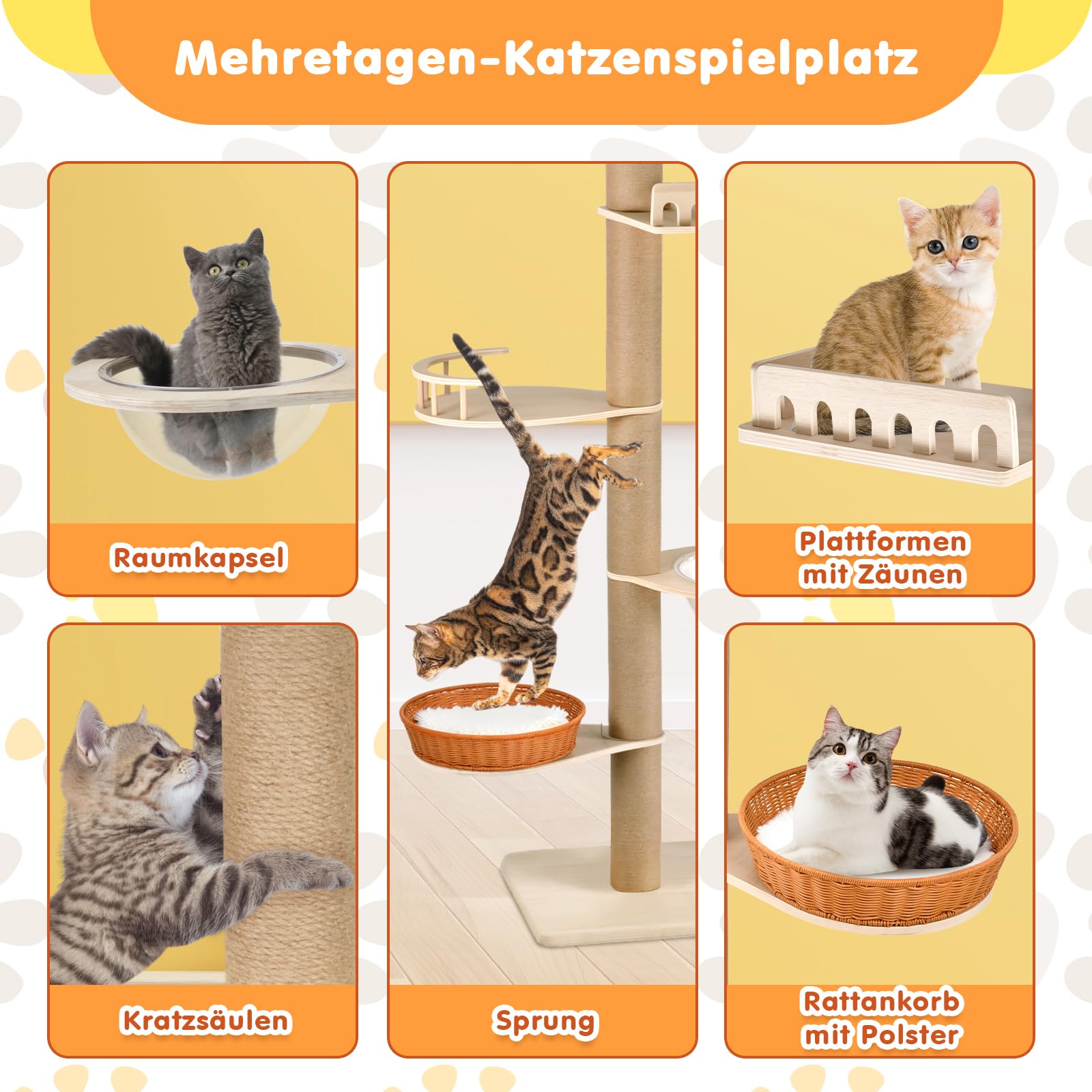 Kratzbaum deckenhoch 255-270cm, höhenverstellbarer 5 Etagen Katzenbaum mit Geländer, Raumkapsel, Rattankorb & Sisal Kratzsäulen, Stabiler Katzenturm
