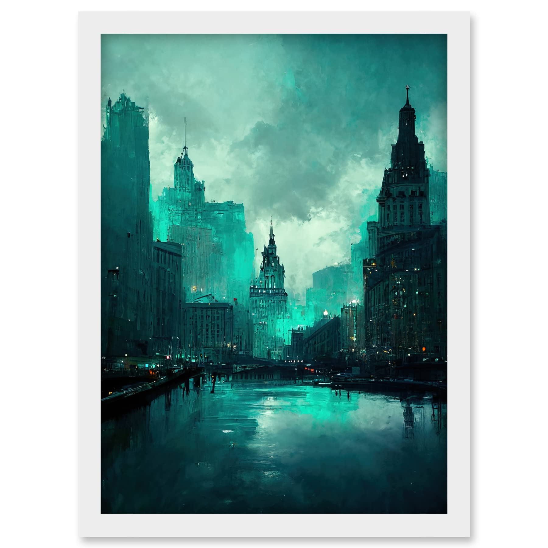Doppelganger33 LTD Winter Teal New York Hudson River Cityscape Artwork Framed A3 Wall Art Print