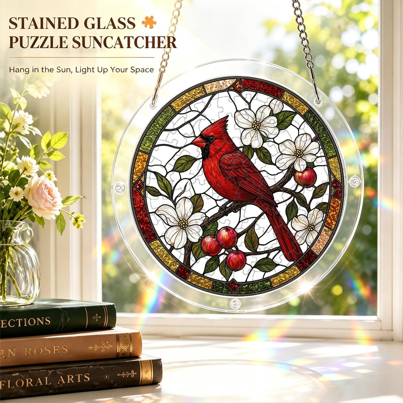 Northern Cardinal Acrylic Puzzle Suncatcher, Violet Garden Stained Glass Window Hanging