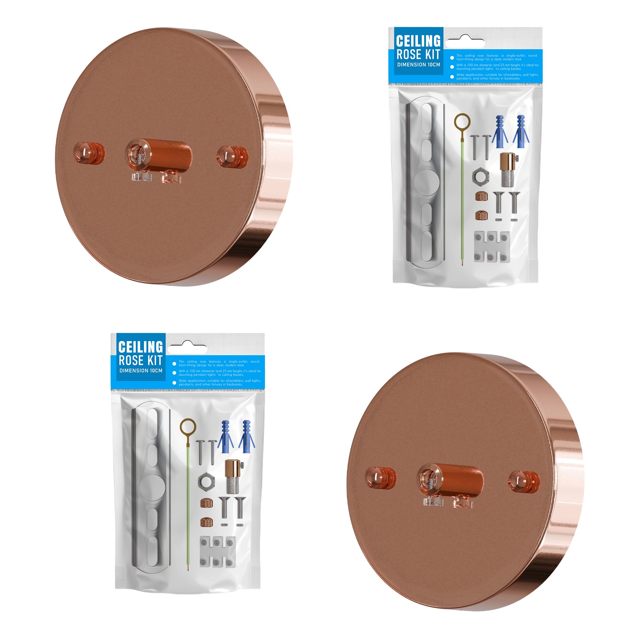 DC VOLTAGE 2 Pack 100mm Diameter Ceiling Rose with Cord Grip Metallic Finishes for Pendant Light Fittings Single Out Canopy Kit with Accessories Rose Gold [Energy Class A]