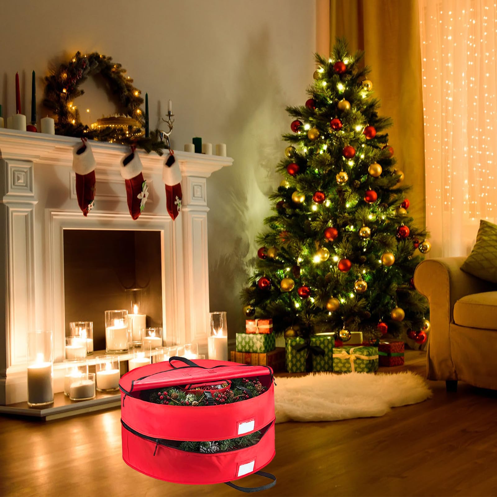 NUOBESTY Weihnachtskranz Aufbewahrungstasche Runder Packbeutel aus 600d Oxford Stoff Doppellagig Rot für Weihnachtskränze und Weihnachtsglocken für Haushalt und Zuhause