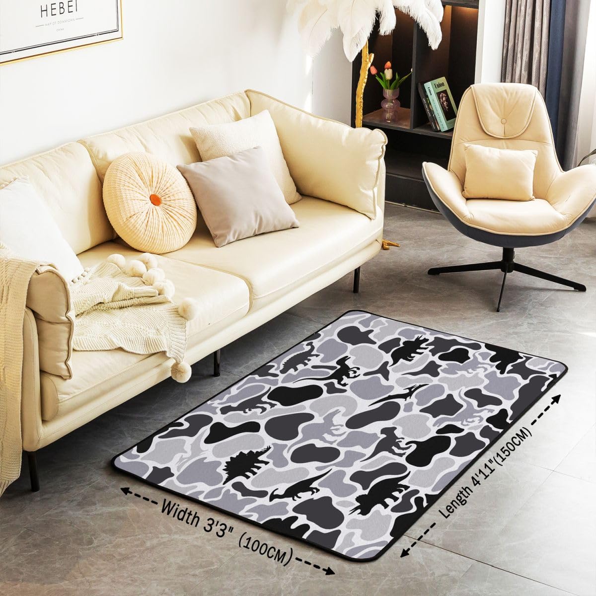Camo Dinosaurier Teppich 100x150cm Schwarz Grau Camouflage Modern Teppich Dschungel Dino Wohnzimmerteppich Dinosaurier Tier Küchenteppich Wildes Tier Weich Waschbar