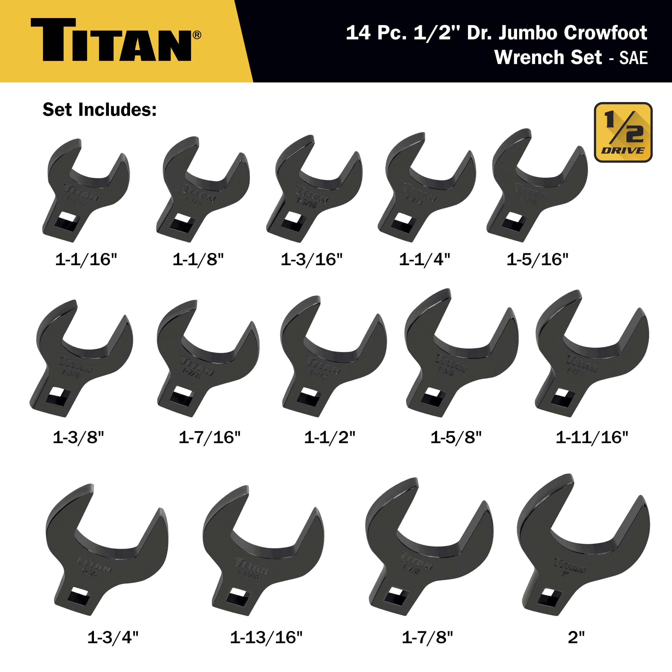 Titan 17298 14-częściowy zestaw kluczy nasadowych SAE Jumbo Crowsfoot