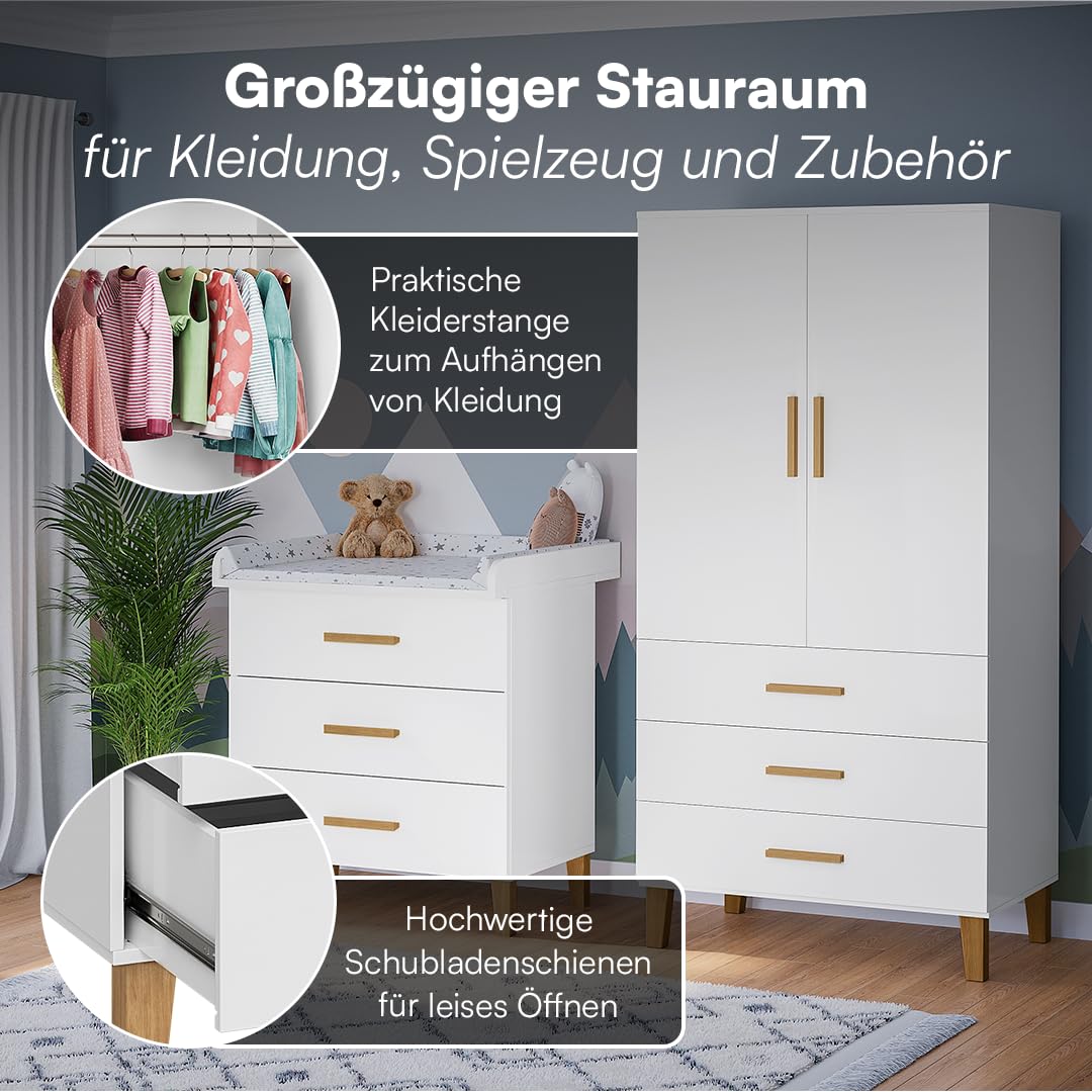 Bellabino Liri Kinderzimmer Set – 2-teiliges Babyzimmer Set mit Kinderkleiderschrank & Wickelkommode in Weiß/Natur – Wickeltisch mit abnehmbaren Wickelaufsatz & Kleiderschrank für Kinderzimmer