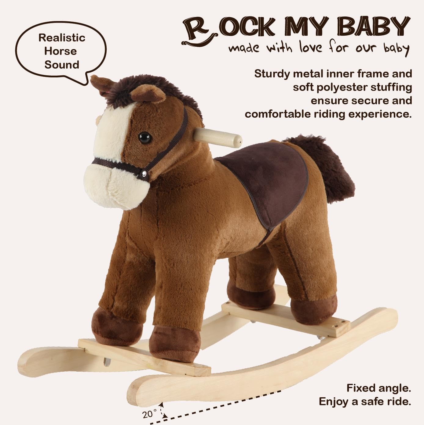 Gioco di cavallo a dondolo marrone scuro per bambini dai 18 mesi in su, giocattolo in peluche con suono realistico, imbottitura morbida, certificato CPC (marrone chiaro)