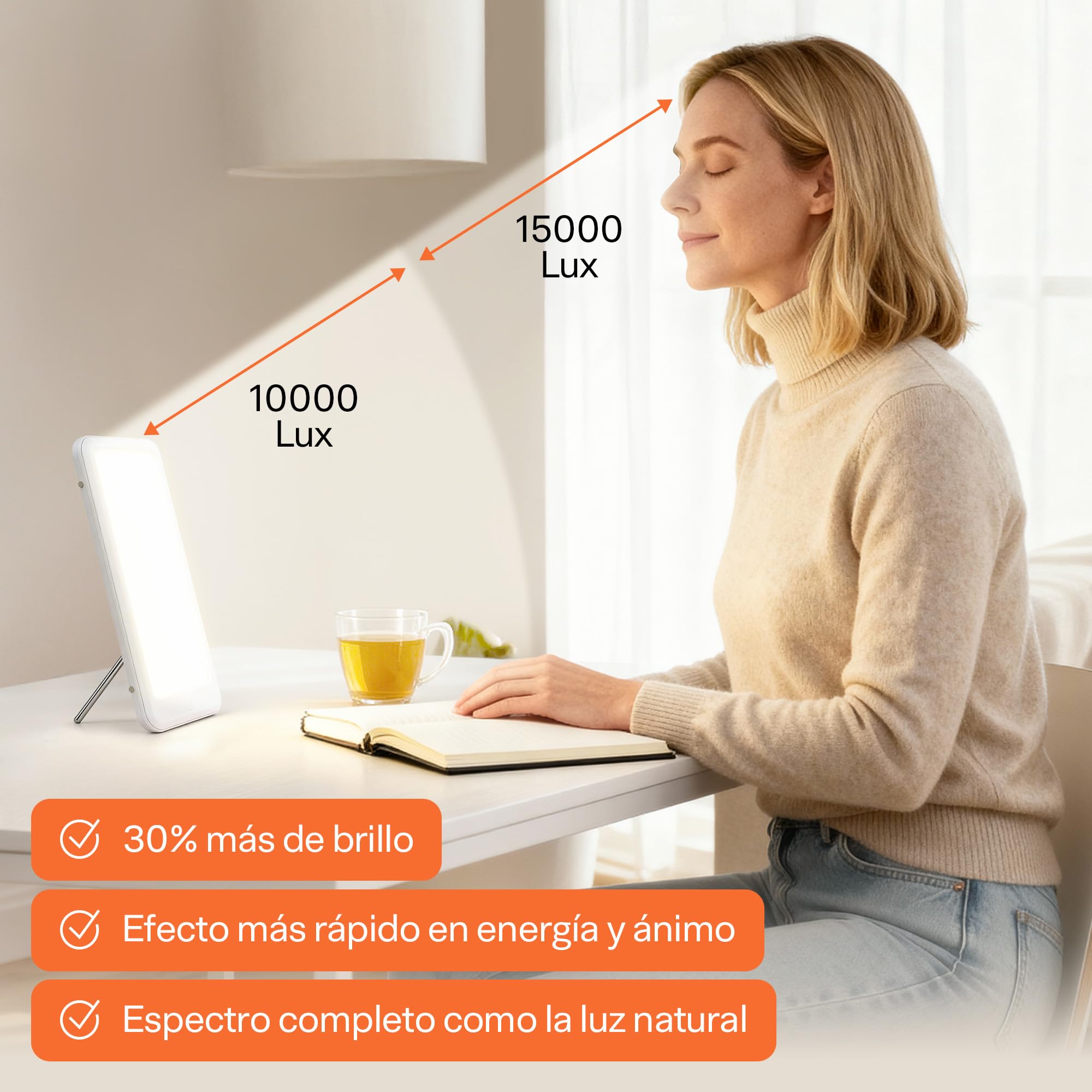 Top Life Lámpara de Luminoterapia 15,000 lux – Potente Luz para Mejorar el Estado de Ánimo - Espectro Completo, Ajustable con 3 Intensidades (6000, 10000, 15000)