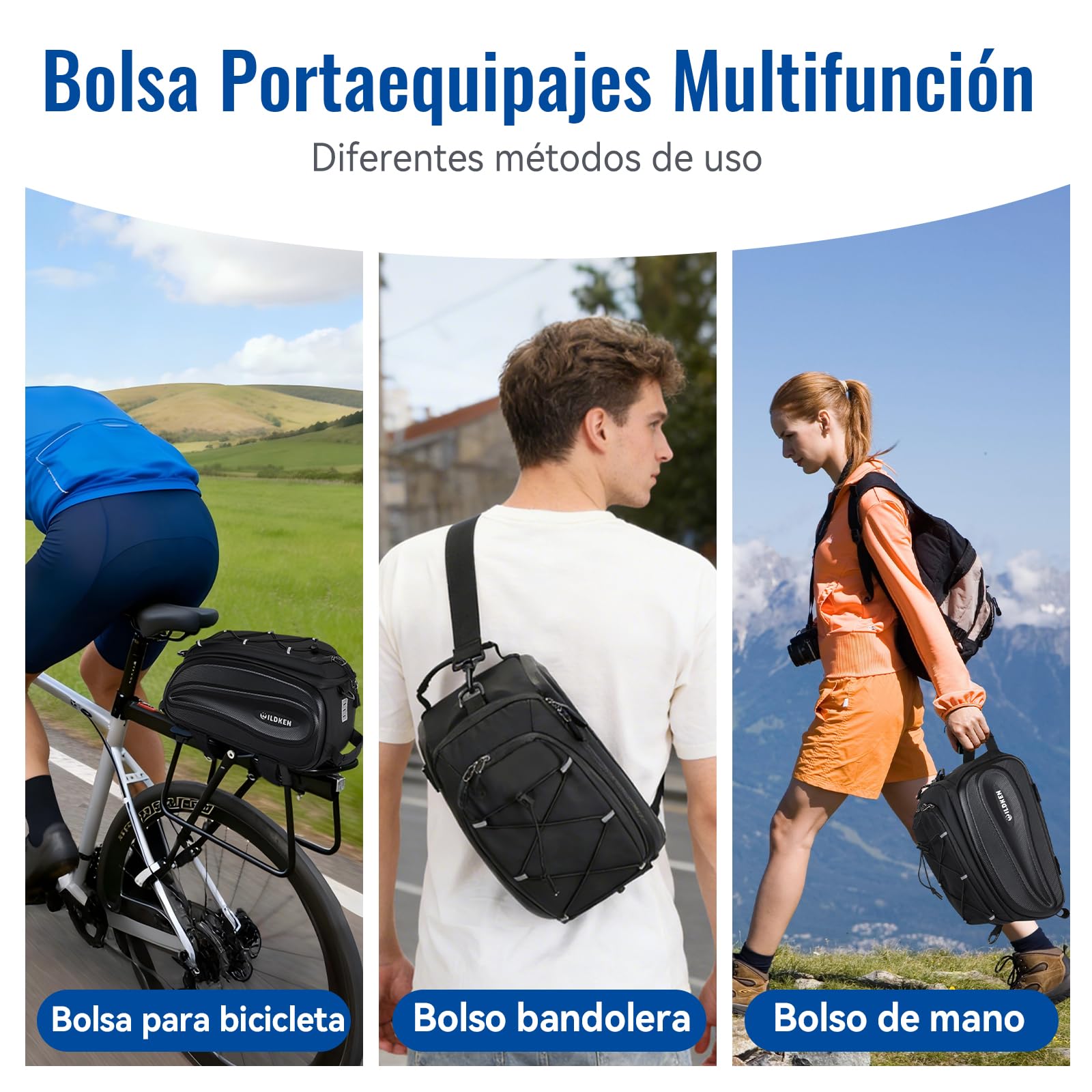 WILDKEN 12L Bolsa Bicicleta para Portaequipajes, EVA Reflectantes Alforjas Bicicleta Impermeable, con Asa y Correa Negro Bolsa para Bicicletas, Bolsa Trasera Bicicletas para Bicicletas MTB Carretera