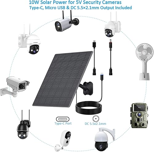 Miniatura 3 de Zivif Panel solar USB C para cámaras de seguridad, cargador solar de 10 W con cable USB-C, CC 0.217 x 0.083 in y puerto micro USB, impermeable IP66