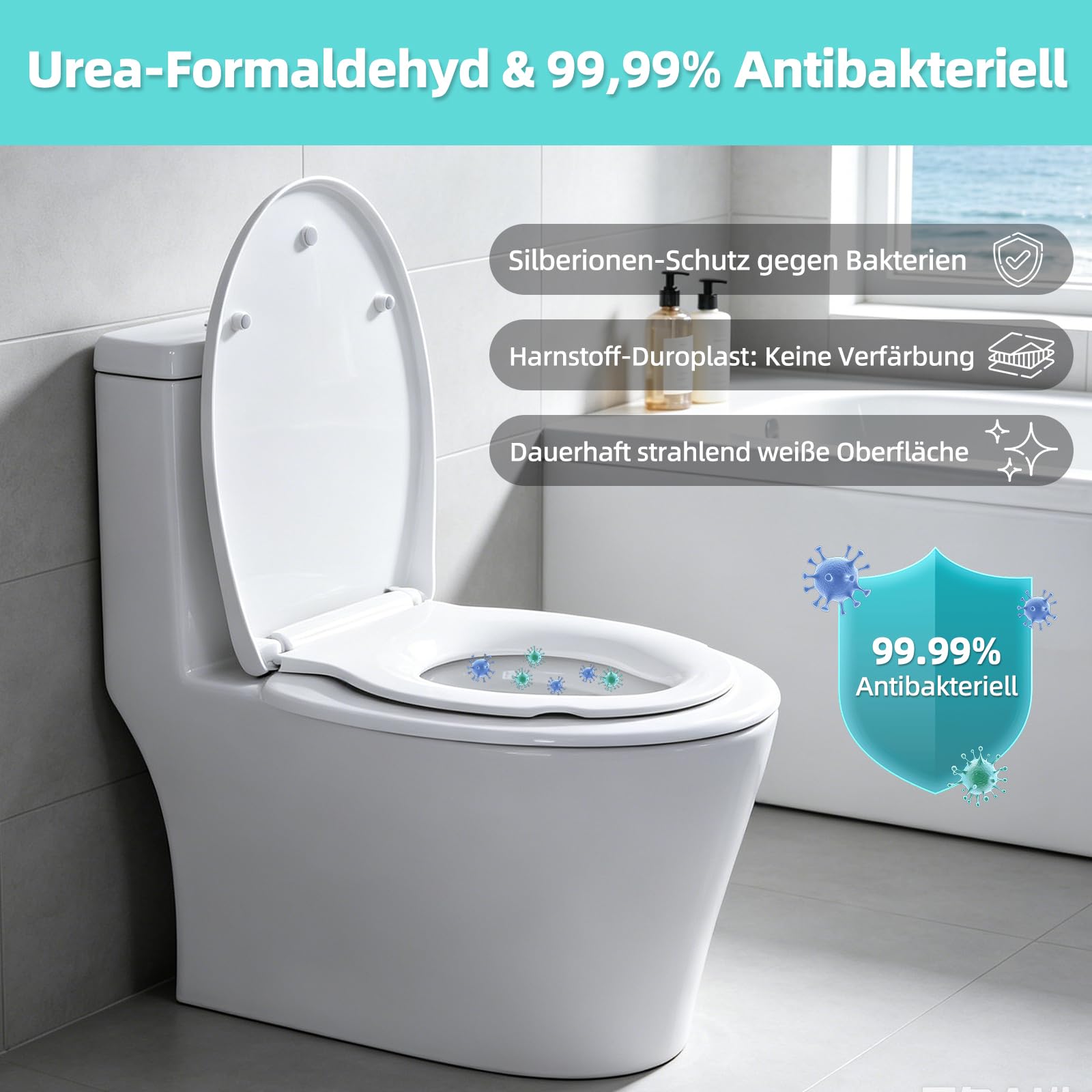 Toilettendeckel mit Absenkautomatik, WC Sitz aus bruchsicherem Duroplast, Antibakteriell & UV-beständig Oval Form, Toilettendeckel mit Kindersitz Bis 200 KG, klobrille Weiß