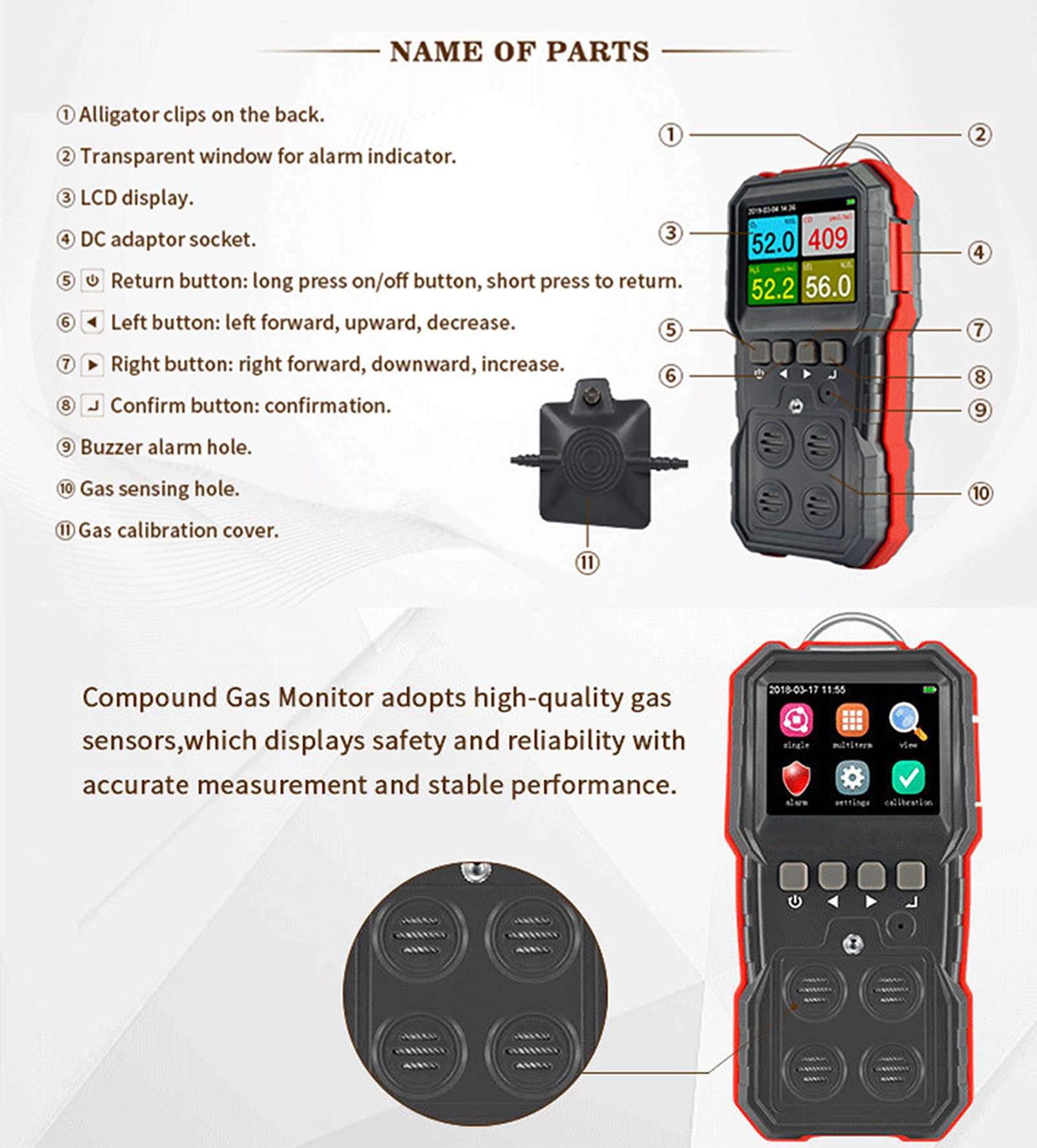 Monitor De Gas 4 En 1 Detector De Monóxido De Carbono LCD Oxígeno De Sulfuro De Hidrógeno Fuga De Gas Combustible Analizador De Sensores Alarma De Datos