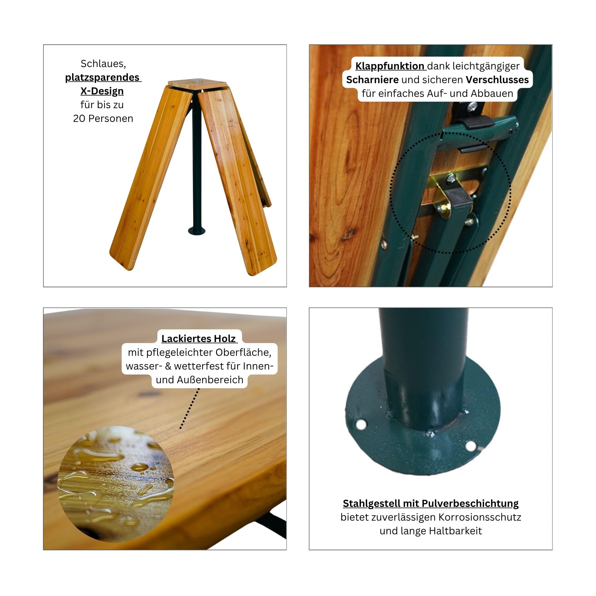 CHEFGASTRO Bierzelttisch XXL klappbar 240 cm breit Schirmhalterung lackiertes Holz 20 Personen Festzeltgarnitur X-Design Stehtisch Quattro Bierzeltgarnitur Bartisch Tisch Balkon Outdoor Gartenmöbel