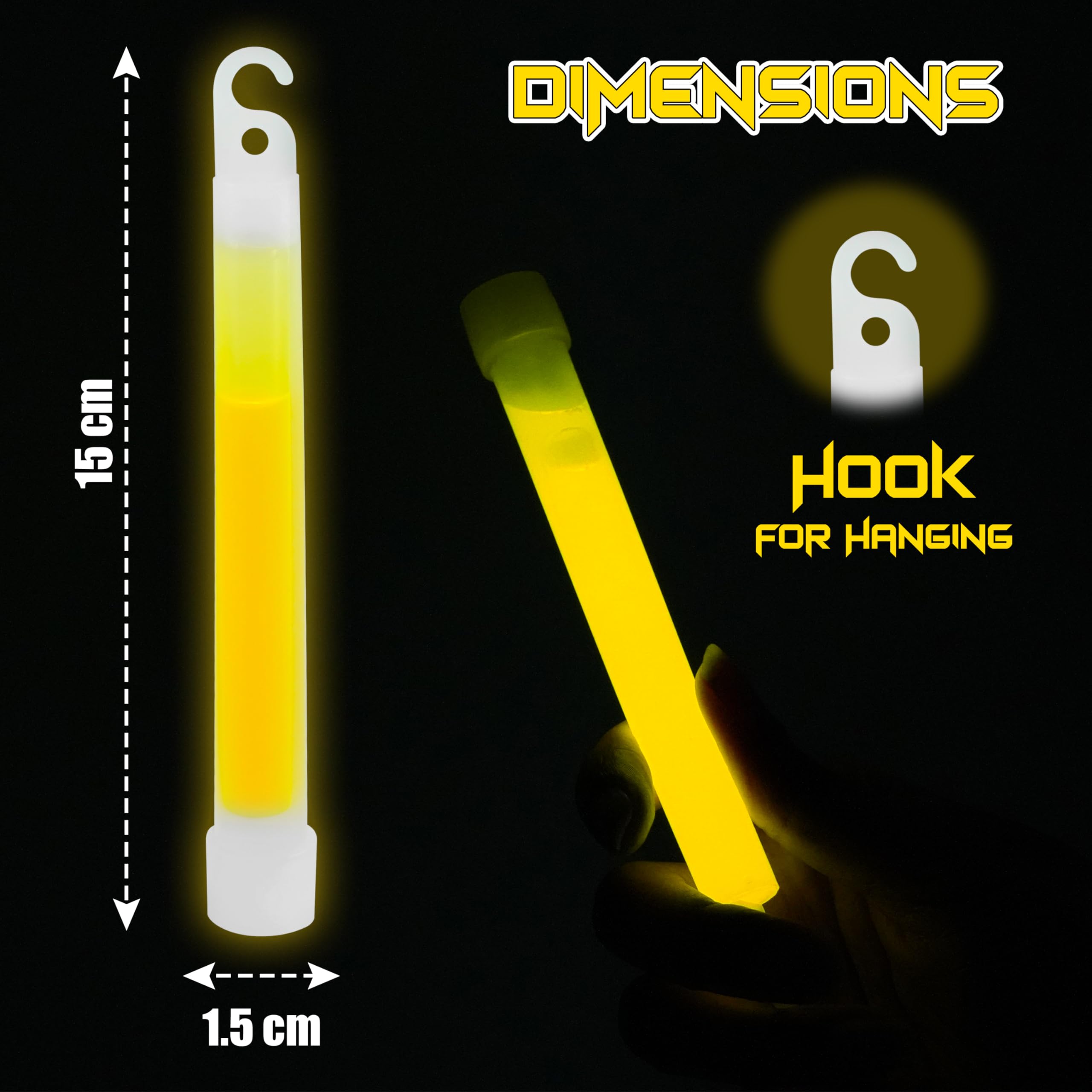 Par de varillas luminosas con gancho, tubos de luz amarilla, luz de fiesta de larga duración para aventuras al aire libre, varillas brillantes impermeables y no tóxicas con ganchos adjuntos, 15 cm