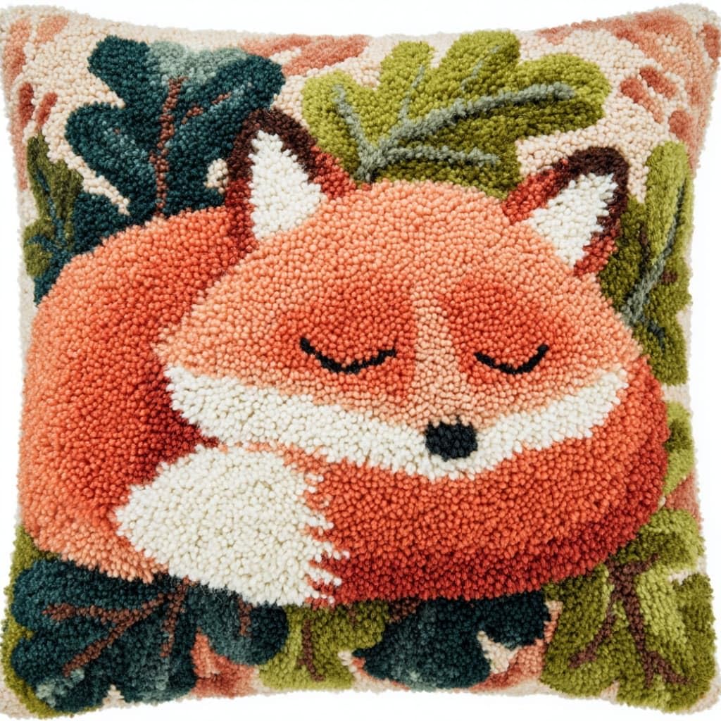 AxiangziK Latch Hook Pillow Kit for Adults,Red Fox 17X17In Latch Hook Kit for Pillow Cover with Instruction for Beginner Cross Stitch Sofa Cushion Cover with Crochet Yarn for Beginners and Home Decor