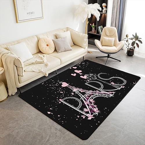 jejeloiu Alfombra de sala de estar de la Torre Eiffel, alfombra de 3 x 5 pulgadas, diseño de cerezos en flor de París, tapete para interior para