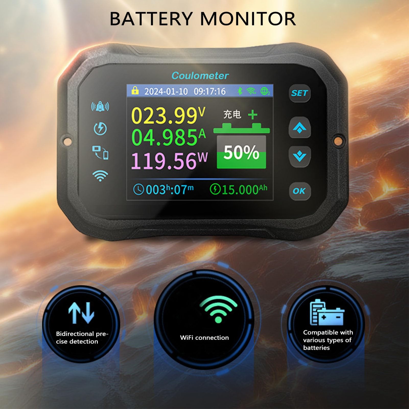 Monitor de Batería WiFi con Derivación, 10-100V 0-50A Detección Bidireccional Medidor de Batería Remoto Bluetooth Cable Blindado, Alarma Programable de Alto y bajo Voltaje para