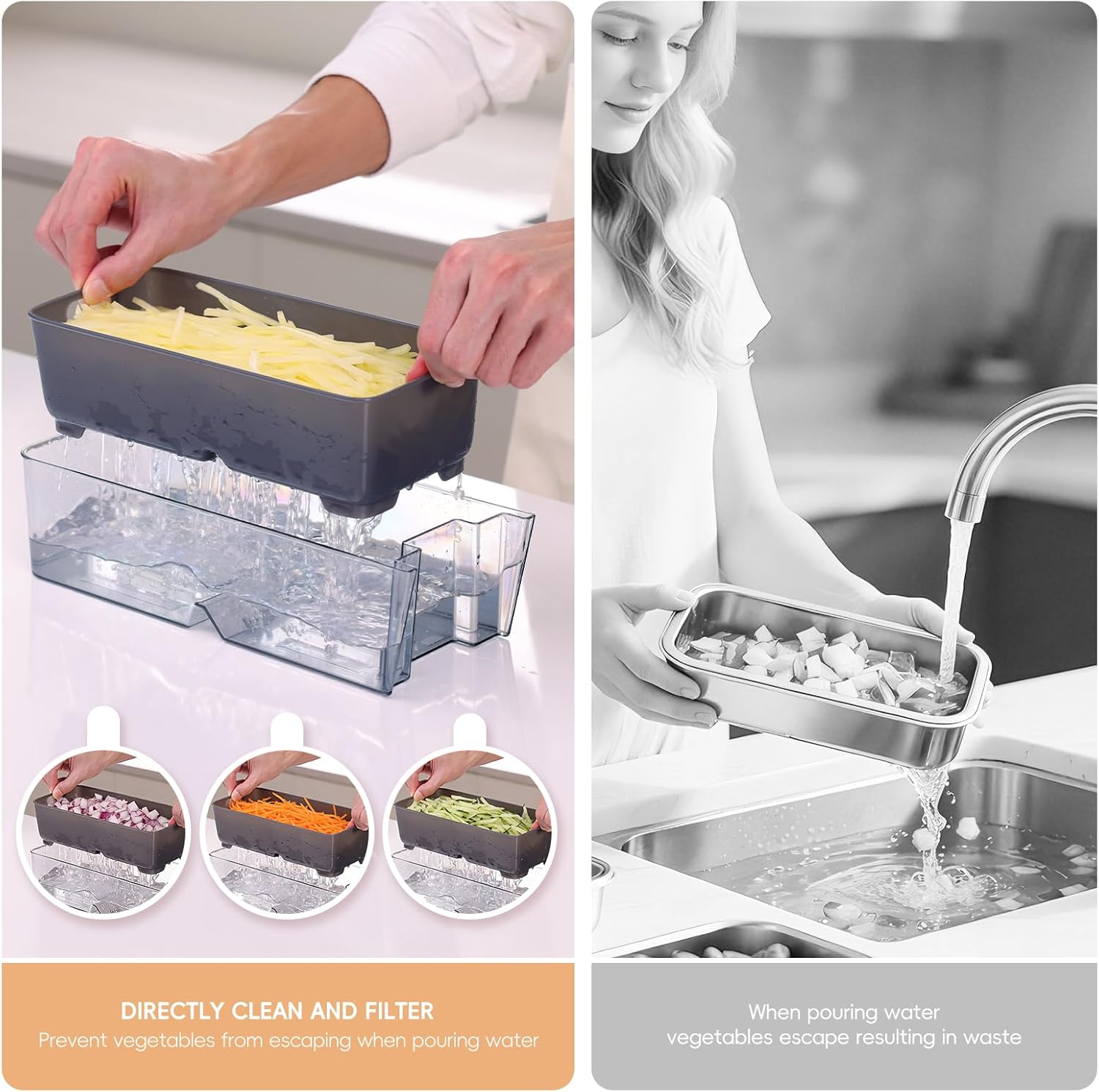 ONCE FOR ALL Safe Mandoline Slicer For Kitchen, AdjustableThickness 0.1-8 mm Professional Vegetable Slicer For Food, Fruit Slices, Potato Chips, Fast Meal Prep (Gray+White)