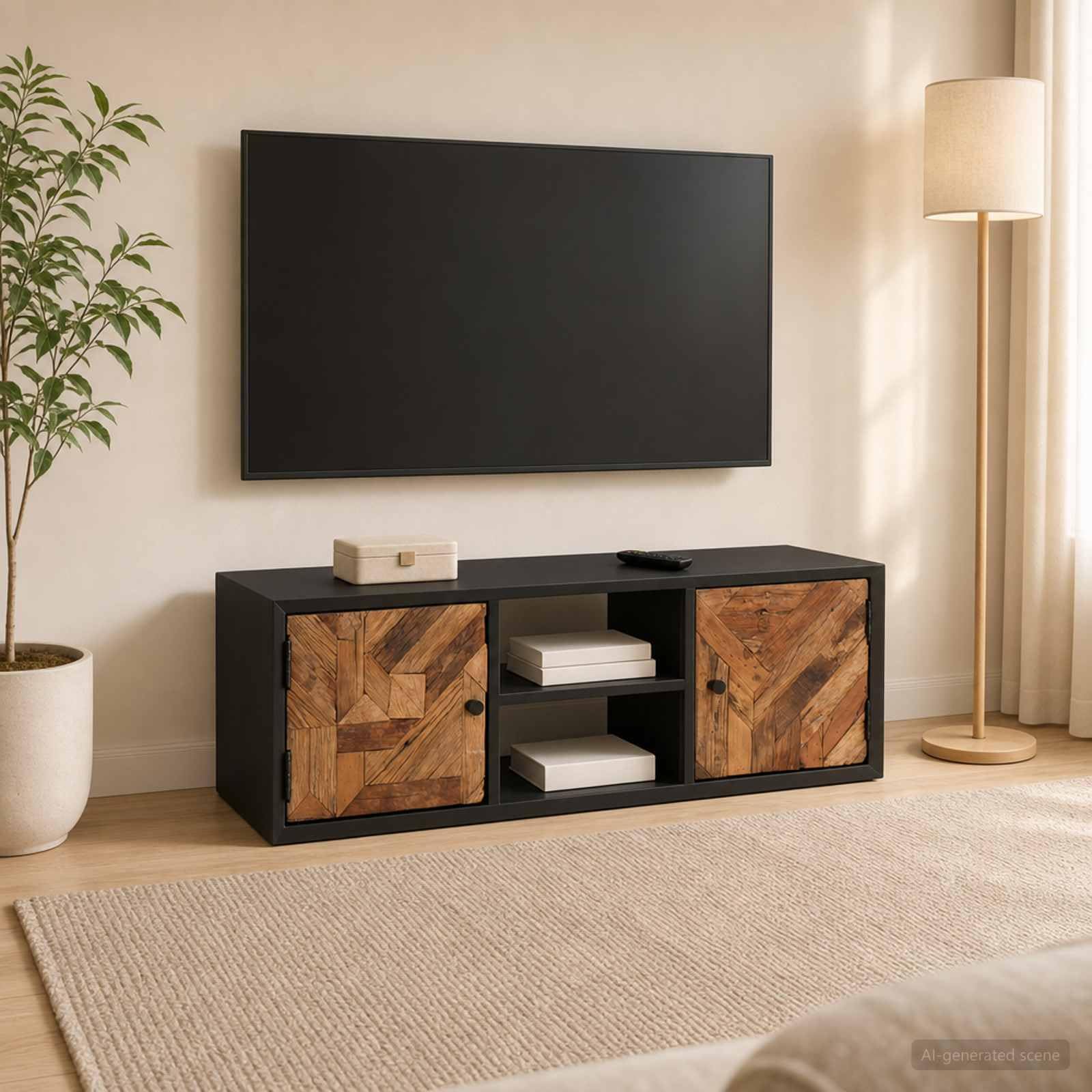 Szafka pod telewizor 105 x 30 x 35 cm lite drewno | Drewno z recyklingu, 2 przegródki, do salonu, wytrzymałe, do użytku wewnątrz pomieszczeń