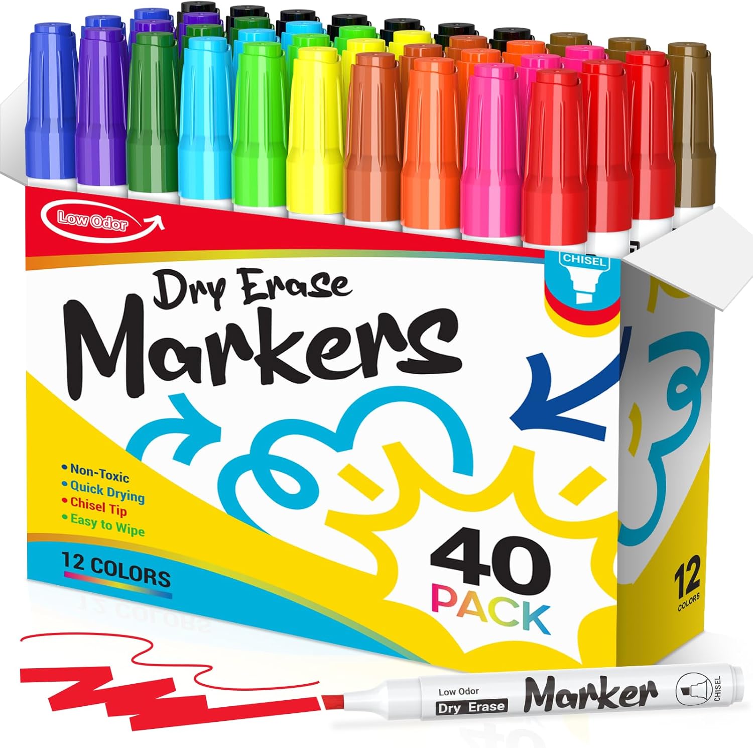 KERIFI Low Odor Dry Erase Markers for Kids, Chisel Tip Whiteboard Markers Non-Toxic, 40 Bulk 12 Assorted Colors Dry Erase Pens for Classroom, School, Teacher, Home & Office Supplies