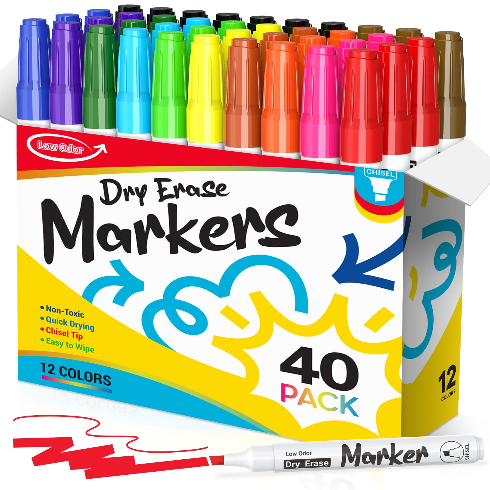 KERIFI Lot de 40 marqueurs effaçables à sec à pointe biseautée pour tableau blanc à faible odeur, non toxiques, 12 couleurs assorties pour enseignants, dents, maison, école et le bureau
