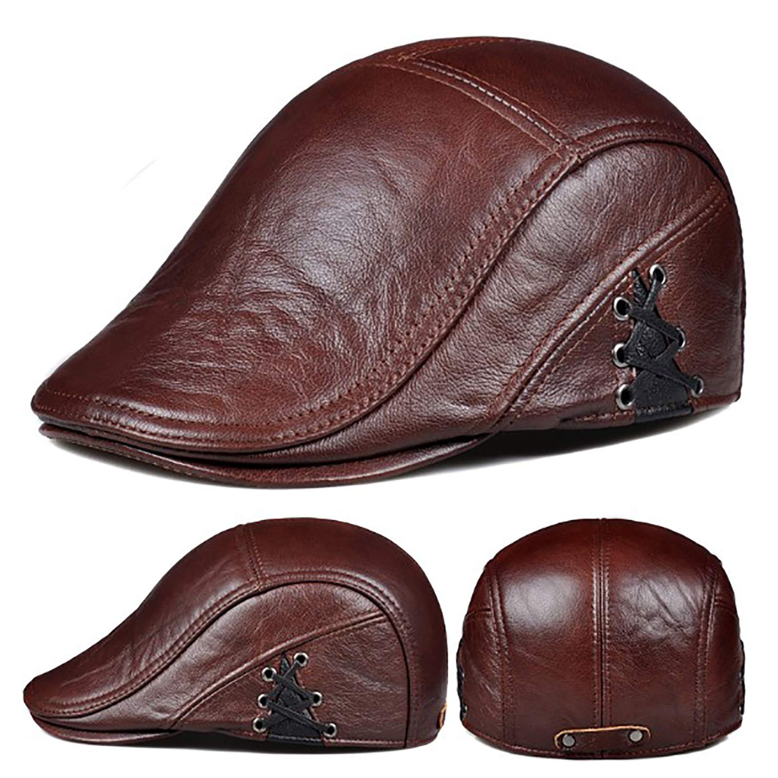 G&F Anziani Pelle Vera Berretto Pelle Bovina Cappello Piatto Tenere Caldo Inverno Moda 55-60 Cm (Color : Red Brown, Size : L)