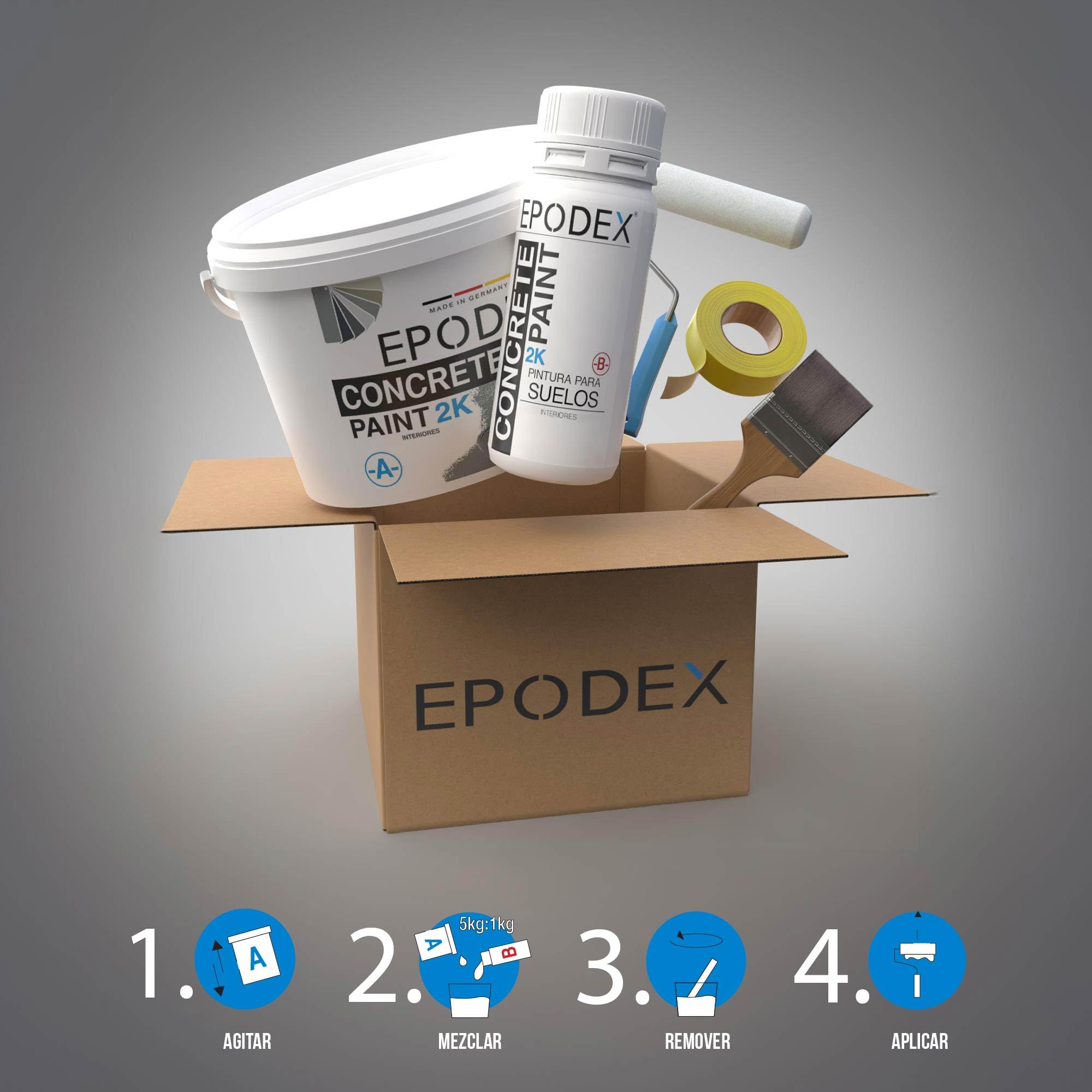 EPODEX Pintura para hormigón 2K con accesorios, 12kg - Sand | Pintura epóxica para suelos, Resina epoxi para suelo, Impermeable, Sótano, garaje, taller, Interior - 30m² con 2 capas