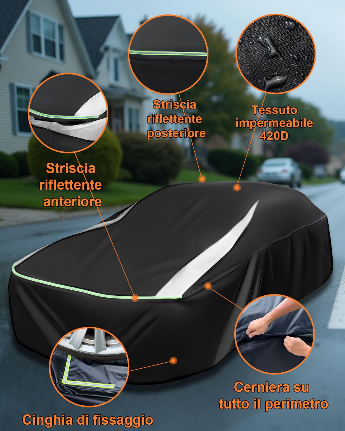 Completamente Chiuso Telo Copriauto Impermeabile per 445-485cm | Protezione Antivento, Antipolvere e UV a 360°, Tessuto Oxford 420D con Strisce Riflettenti, per Berlina Wagon