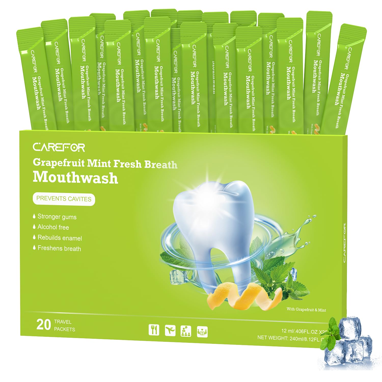 Travel Size Mouthwash Packets – Individual Mini, Alcohol & Fluoride Free, Grapefruit Mint Flavor, Mouthwash to Go for On-The-Go Freshness, Bulk Packets 0.41 Fl Oz (20)