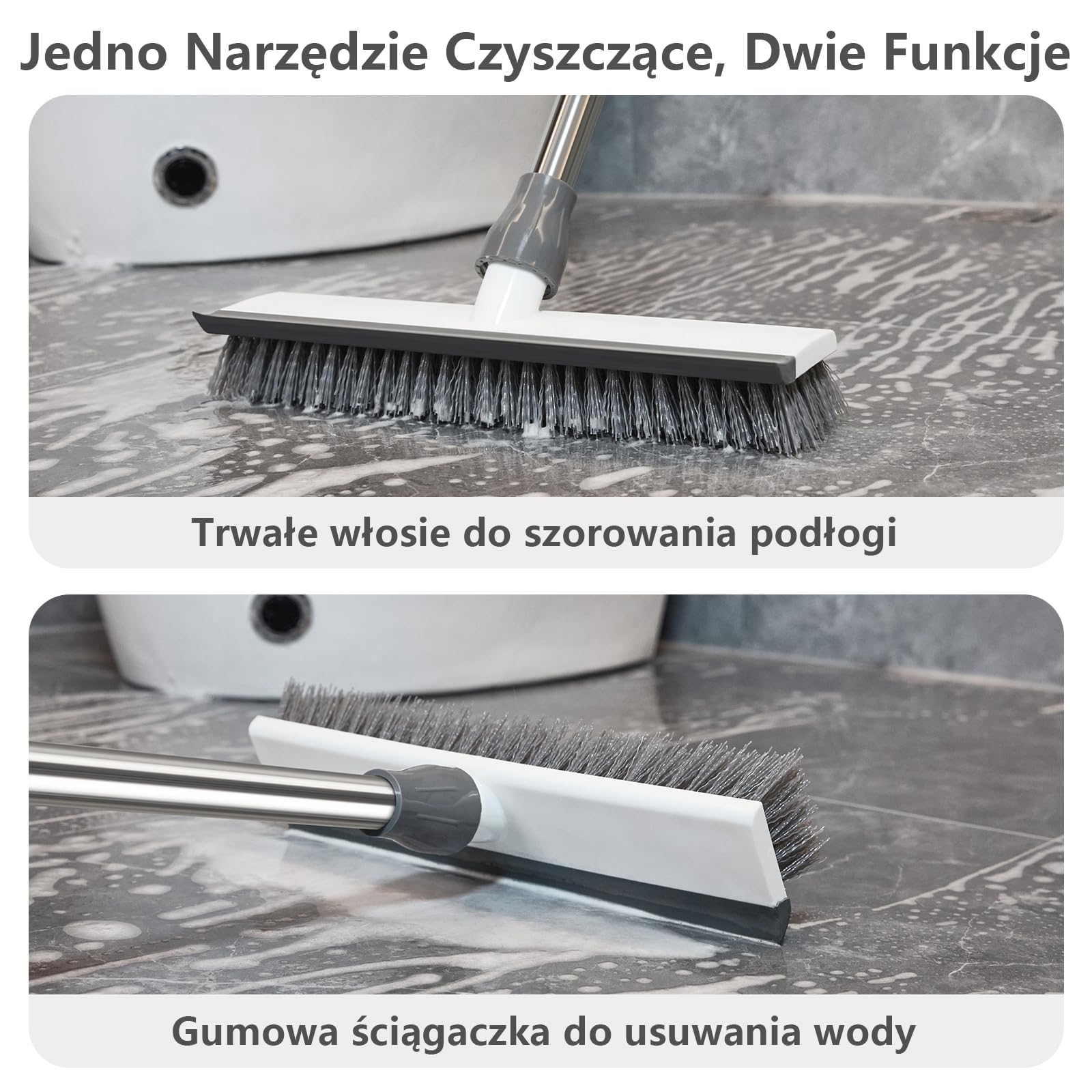 Mitclear Szczotka do Szorowania Podłóg z Długim Uchwytem(128cm), Szczotka do Szorowania 2 w 1 ze Sztywnym Włosiem i Ściągaczką do Szorowania Podłóg w Kuchni, Łazience, Tarasie, Patio, Garażu