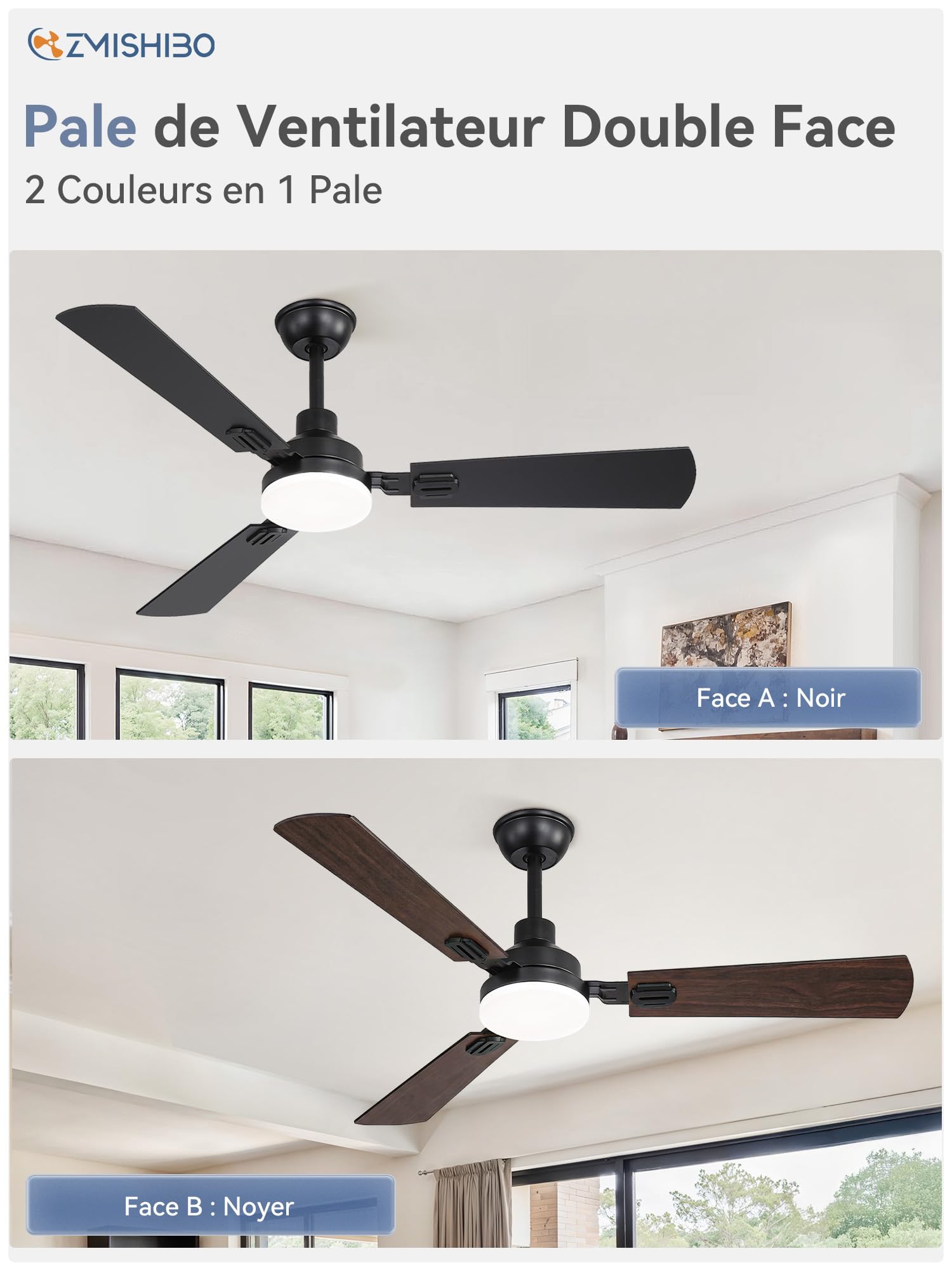 ZMISHIBO Ventilateur de Plafond avec Lumière LED 132 cm, Télécommande, Moteur DC Réversible, 6 Vitesses, 3000K-6000K
