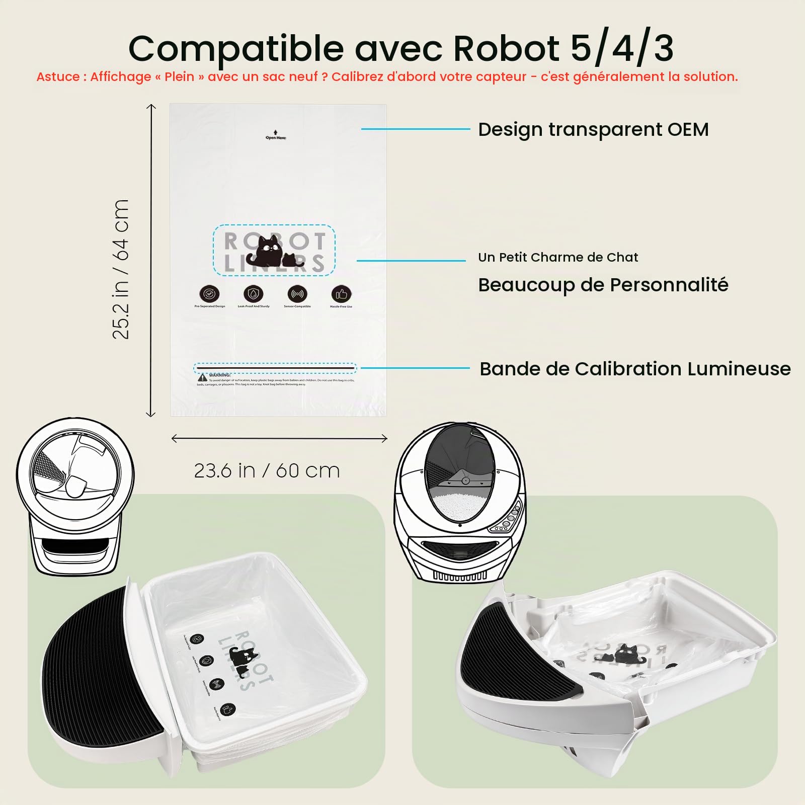 Lot de 90 sacs à litière pour chat, modèle robot, 5/4/3, résistants aux déchirures, transparents, compatibles avec les capteurs, pré-séparés, sacs à litière automatiques, capacité de 24,5 à 38 litres