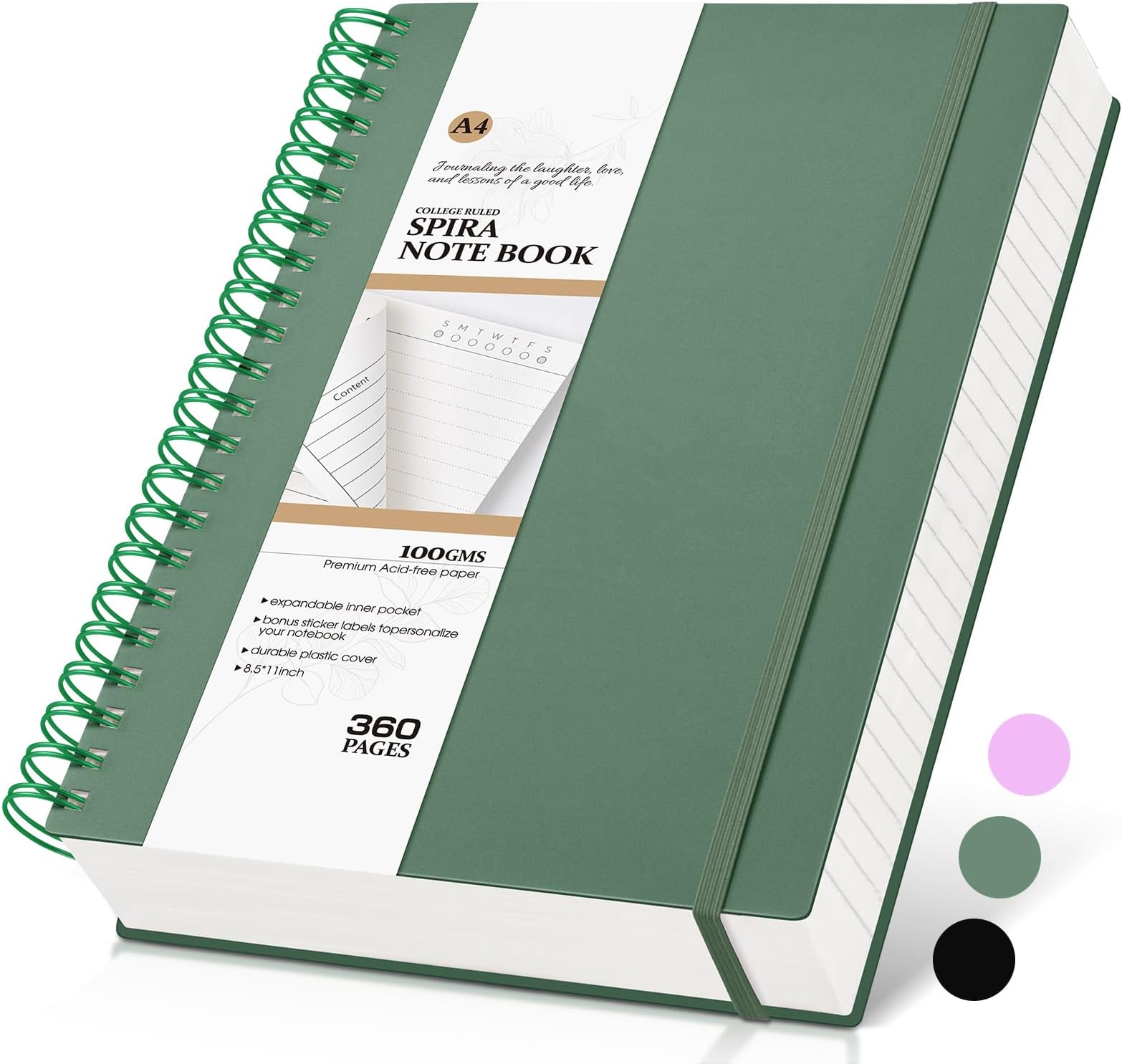 MUAHLIUB Spiral Notebook Journal College Ruled 8.5''x 11'', 360 Pages Lined Thick Journals for Women Men, A4 Large Spiral Notebooks with 100GSM Paper, Spiral Journaling for Writing Work, School Green
