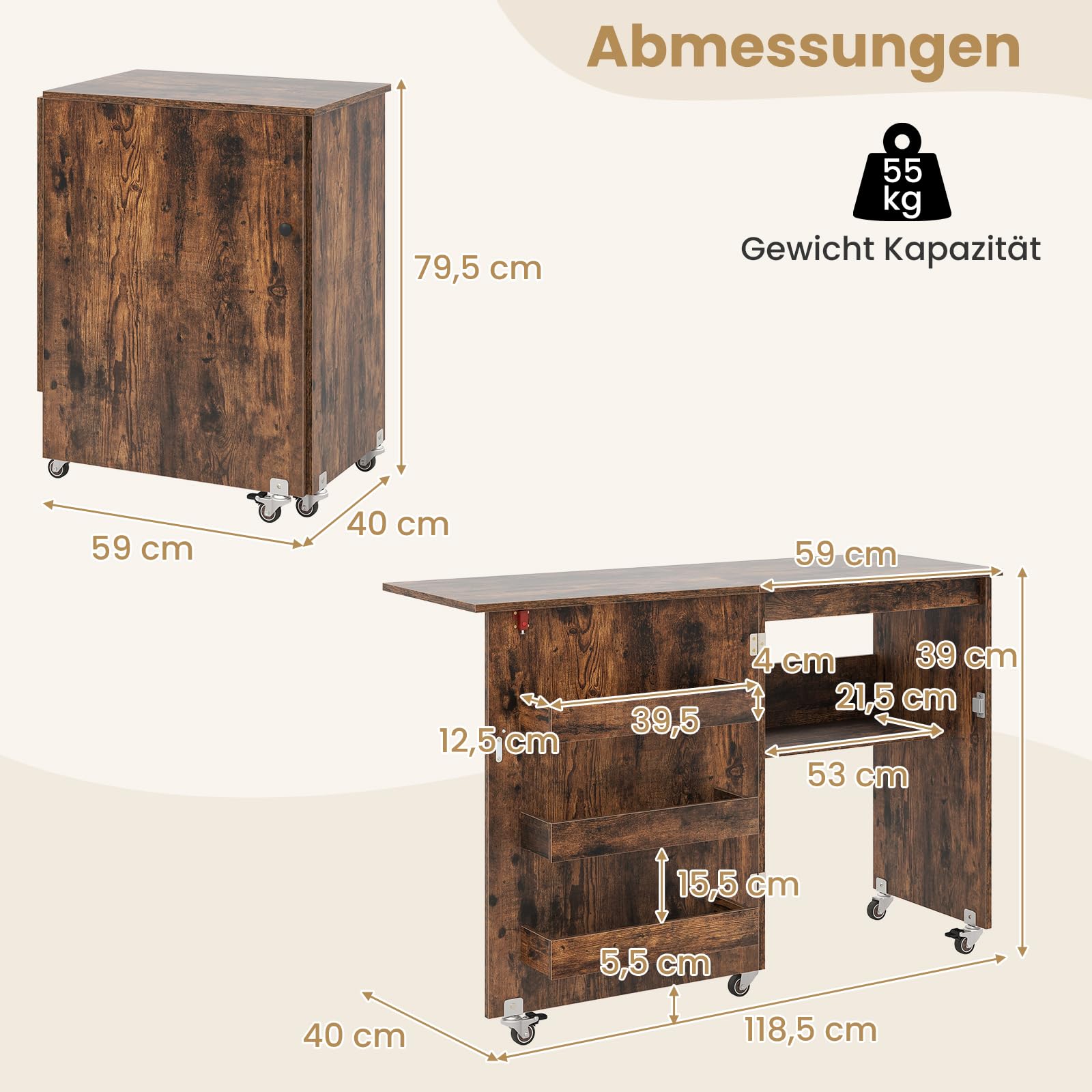 COSTWAY 2-in-1 naaitafel, inklapbaar met laadstation, houten