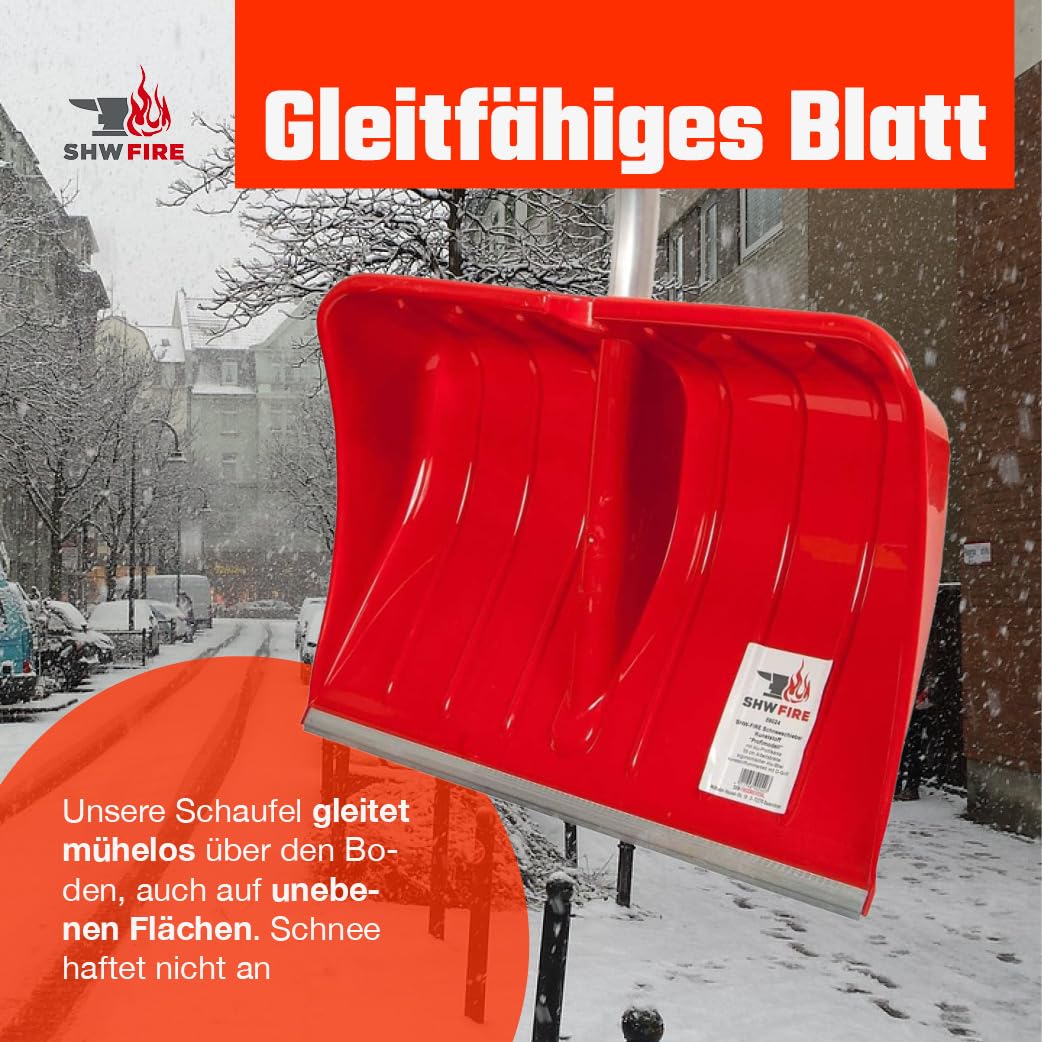 SHW-FIRE | Pelle à neige ergonomique 55 cm, pelle en plastique renforcé, bord de protection en aluminium, manche détachable de 128 cm avec poignée en D, pelle à neige légère et robuste | Fabriqué en
