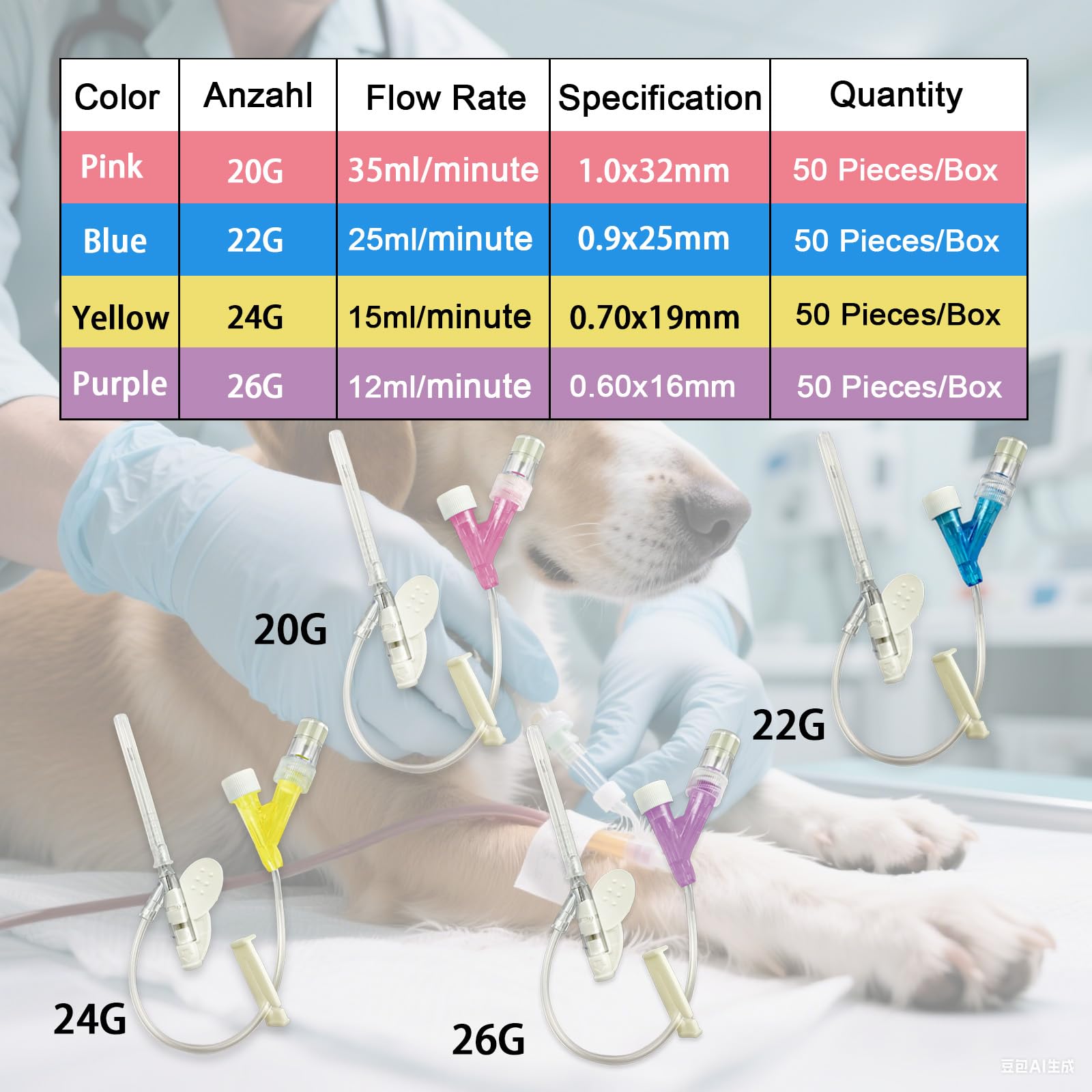 100 unidades de agujas veterinarias permanentes con tubo de extensión y pinza, catéter intravenoso veterinario, catéteres intravenosos veterinarios desechables, para animales de todos los tamaños.