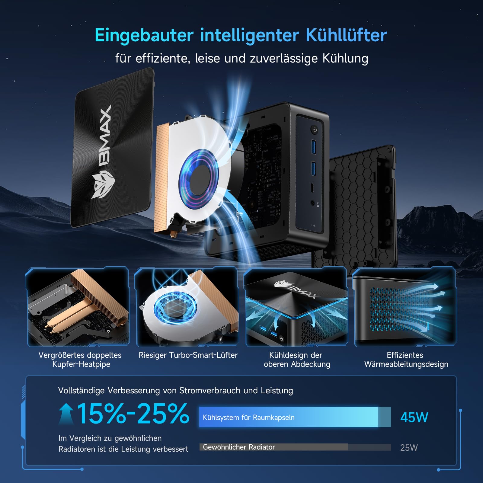 BMAX Mini PC B9 Power, Intel Core i9 12900H, 24GB LPDDR5 RAM, 1 TB NVMe SSD | Bis zu 5,0 GHz, Win 11 Pro, WiFi 6, 4K Dreifach-Display, Bluetooth 5.2, HDMI, USB-C, DP1.4a, Mini Computer für Gaming/Home