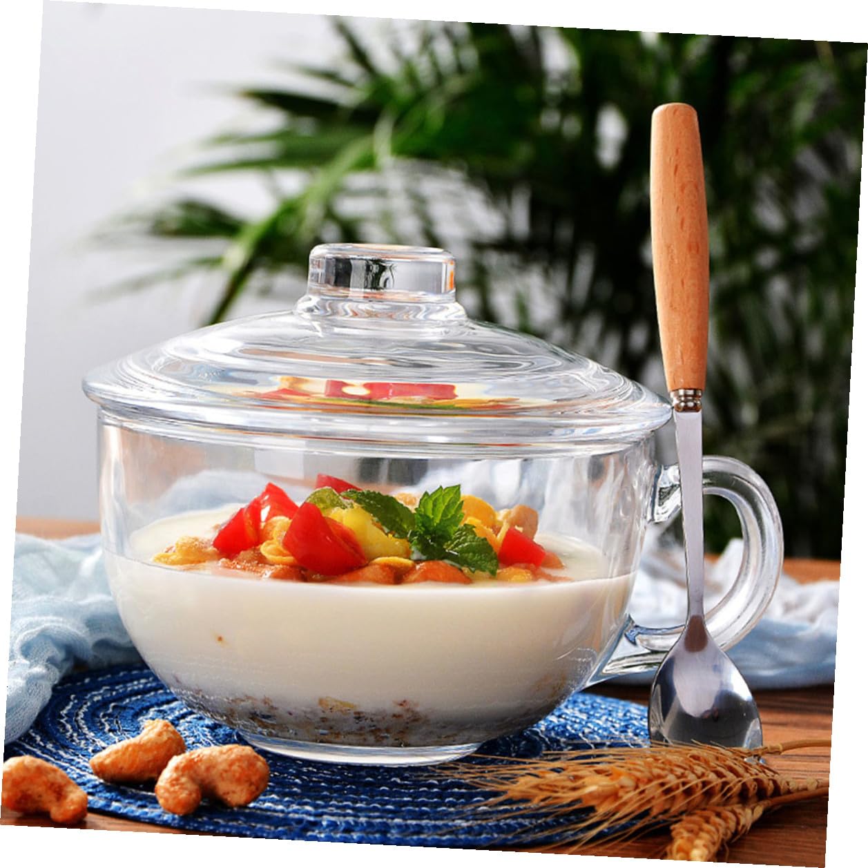 Angoily Bol de Cristal Transparente de 600Ml con Tapa y Asa Ensaladera Práctica para Desayuno Postres Leche Avena y Ensalada Recipiente para Alimentos Domésticos