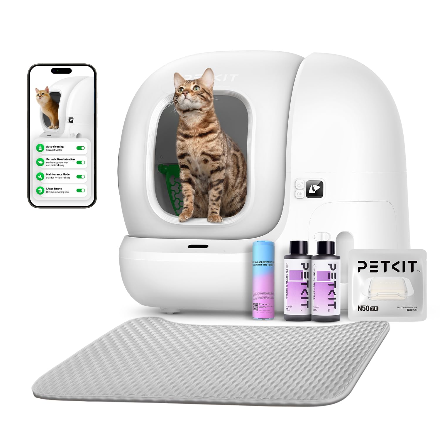 PETKIT 2025 Upgraded Automatic Cat Litter Box 2-Way Odor Remover & 20 Trash Bags,App Control Smart Robot with Anti-Scratch Inner Mat, Self-Cleaning Cat Litter Box True Integration & Structure Safety