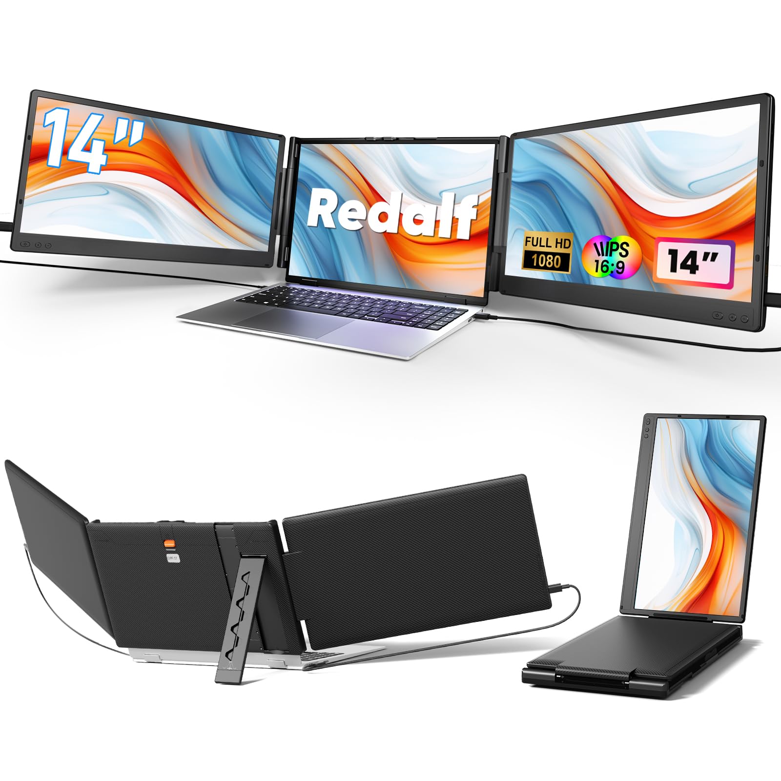 Redalf Laptop Screen Extender, 14" 1080P FHD Portable Monitor Extender, Build-in Stand & Dual Speakers Fit for 13''-16.1'' Laptop, Plug and Play, Compatible with Windows, Mac, Chrome