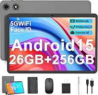 Tablet Android 15 com teclado - 26 GB de RAM + 256 GB de ROM, expansão de 2 TB, tablets 2 em 1 de 10 polegadas com Wi-Fi 5G/2,4G, 8000mAh, BT5.0, 5MP + 13MP, tela dividida, Widevine L1, mouse, estojo