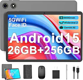 Tablet Android 15 com teclado - 26 GB de RAM + 256 GB de ROM, expansão de 2 TB, tablets 2 em 1 de 10 polegadas com Wi-Fi 5G/2,4G, 8000mAh, BT5.0, 5MP + 13MP, tela dividida, Widevine L1, mouse, estojo