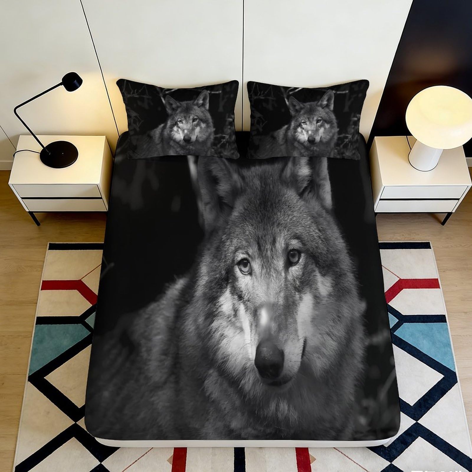 3D Printed Wolf Microfiber Fitted Sheet Deep Pocket Non-Slip Bedroom Wolf Mattress Fitted Cover Full Wrap Washable 180x200x25cm
