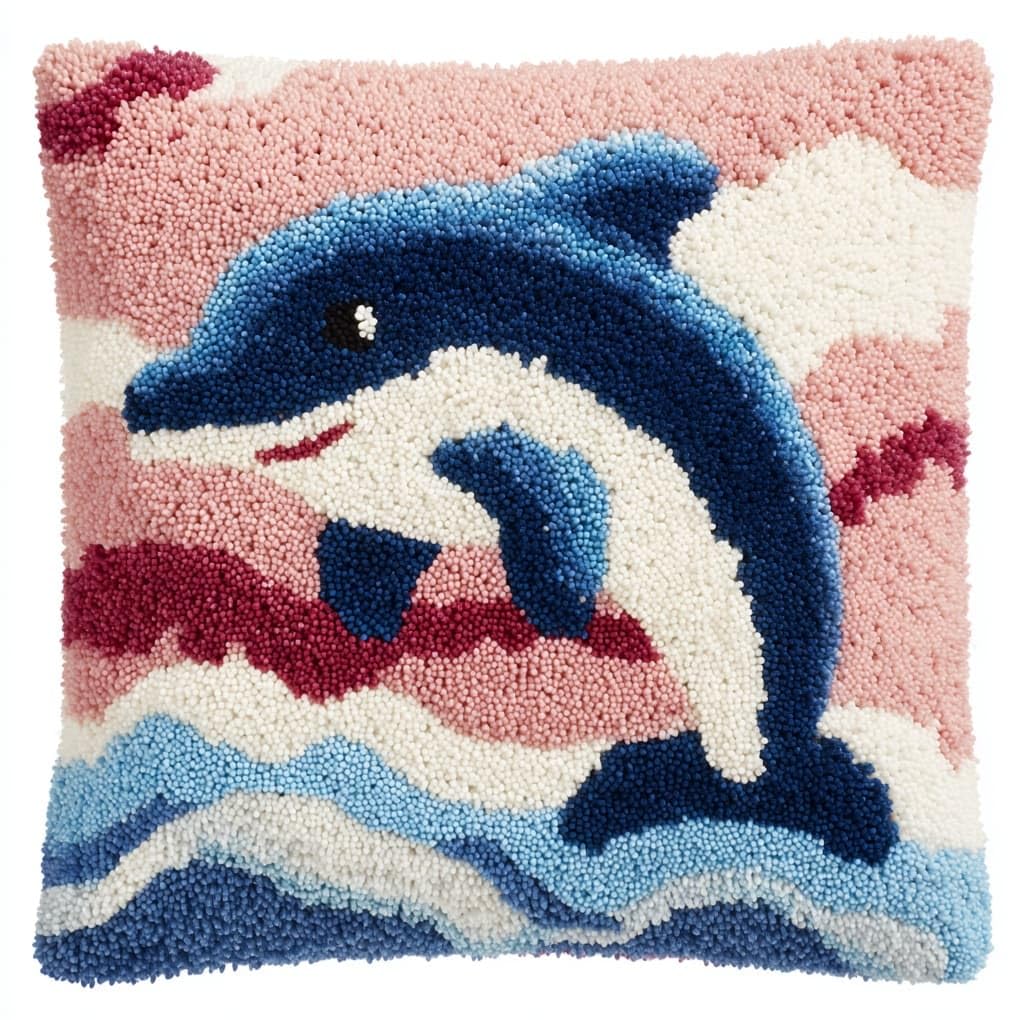 Henypt 43x43cm Latch Hook Cushion Making Kit,Animal Dolphin Printed Canvas Latch Hook Soft Yarn Pillow Set,Ideal Creative Gift for Adults