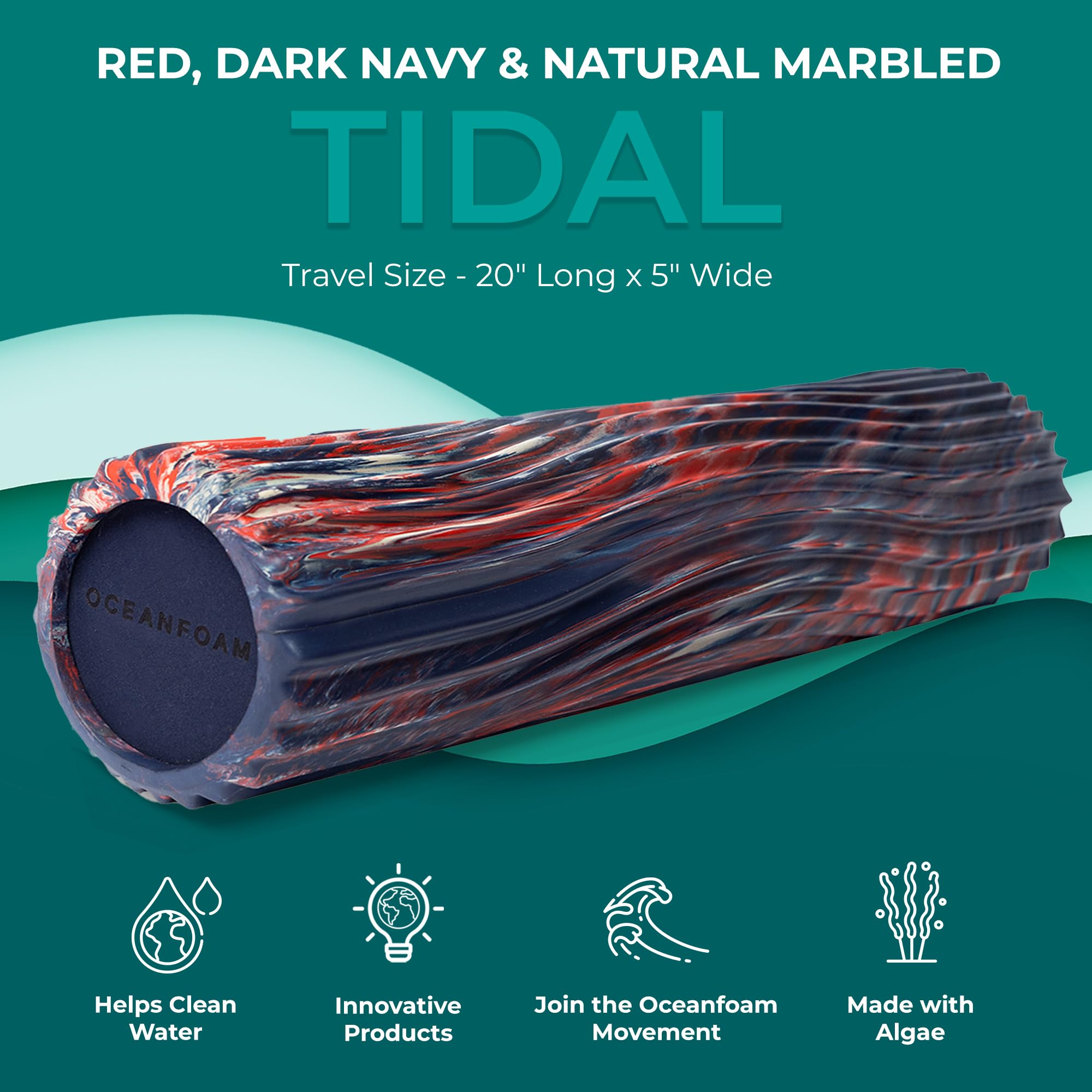Oceanfoam Tidal Roller - Rodillo de espuma para masaje muscular para dolor de espalda y estiramiento, textura de onda ancha, diseño ergonómico, yoga y atletismo, tamaño completo, 20 x 5 pulgadas, rojo