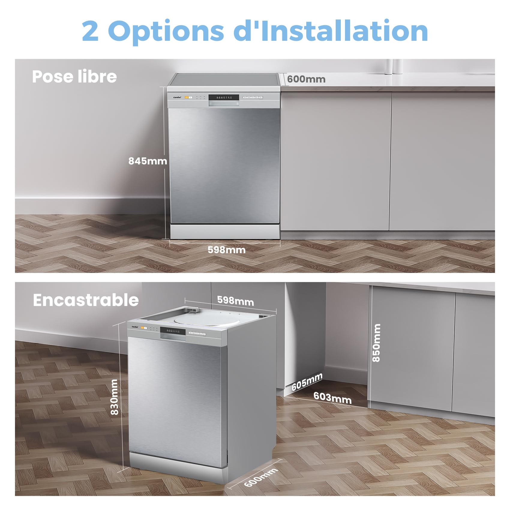 COMFEE' CDWPF1201PS Lave-vaisselle Pose Libre 60 cm 12 couverts Acier Inoxydable 49 dB