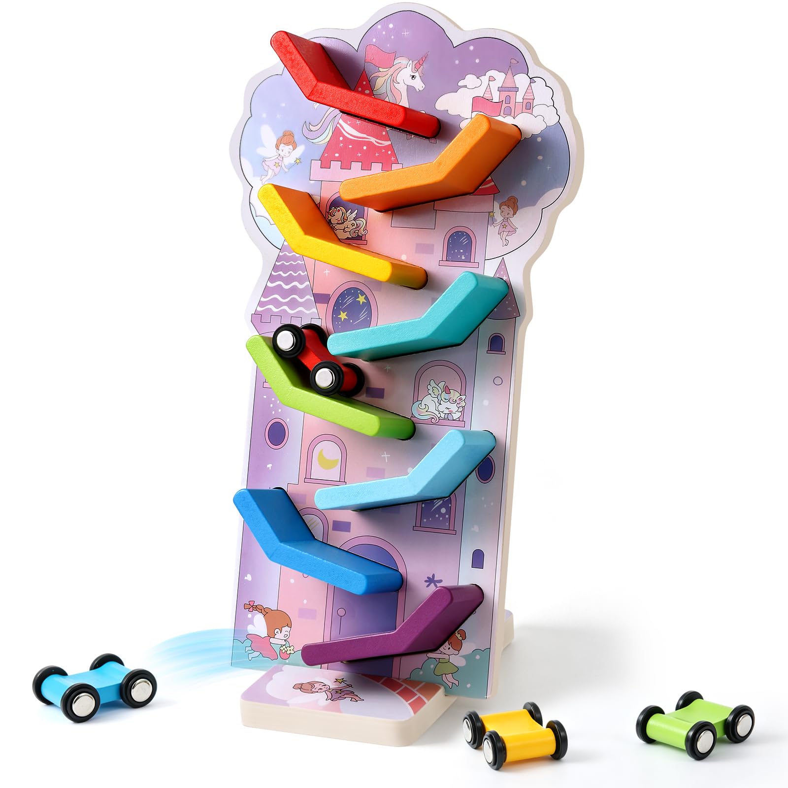 Wooden Unicorn Car Ramp Toy - Montessori Toys for 1 2 3 Year Old Girls Boys, Toddler Ramp Racer with 4 Cars & 8-Level Race Track, Educational Toys Wooden Car Track Toy Kids Birthday Gifts Christmas