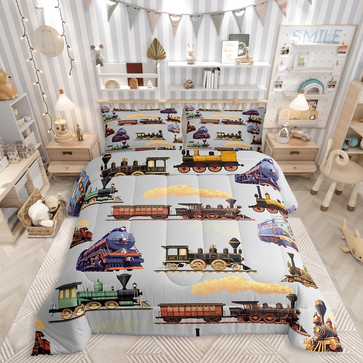 Erosebridal Steam Train Comforter Sets Twin Size for Kids Teens Adults,Cute Vehicle Bedding Set,Railway Truck Bed Set,Vintage Down Comforter Bedroom