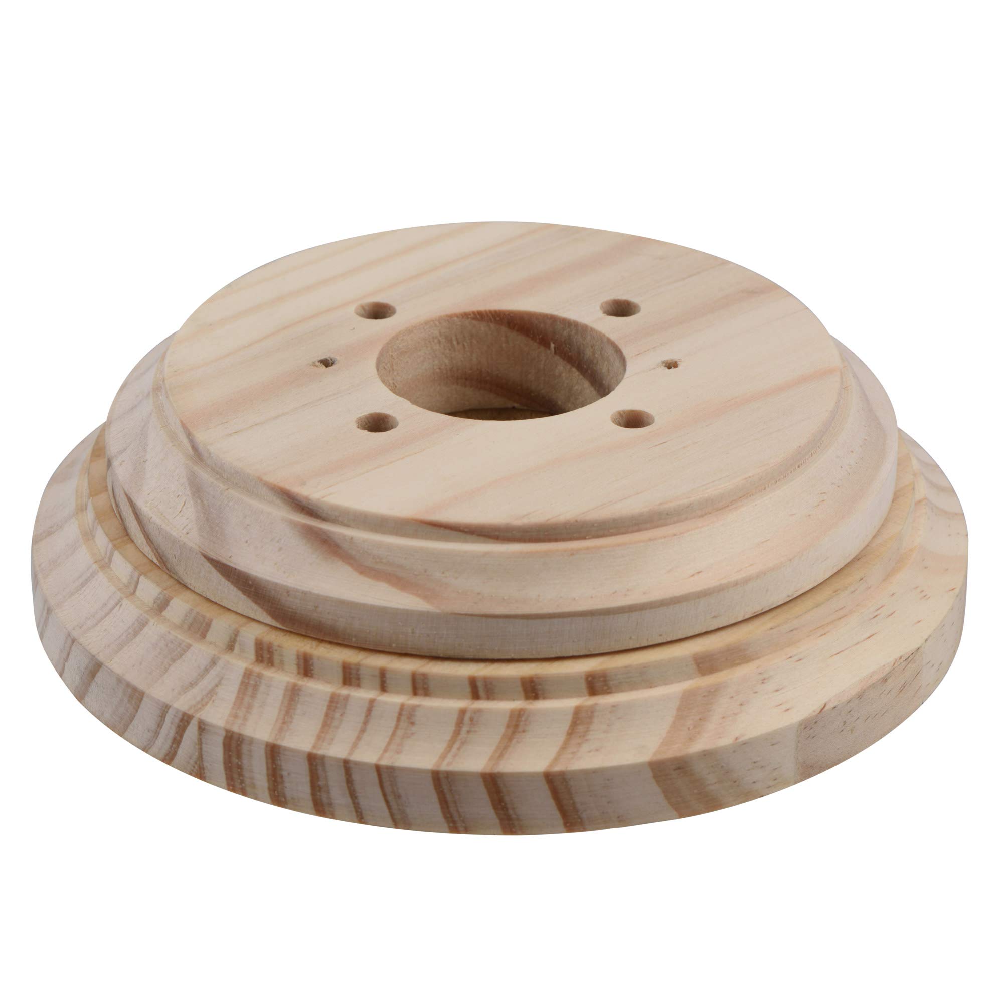 Wooden Decorative Round Double Ceiling Rose Plinth Pattress, 134 x 16 + 112 x 16 (Dia. x Thick) Stack - Natural Pine can be Painted or Stained, Pre-drilled Fixing Holes for 3-Hook Plates & Wall Lights — image 1