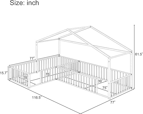 Miniatura 2 de Cama de Piso Montessori en Forma de L Tamaño Doble Individual Sin Listones, Marco de Cama de Casa de Esquina de Metal con Baranda, Negro