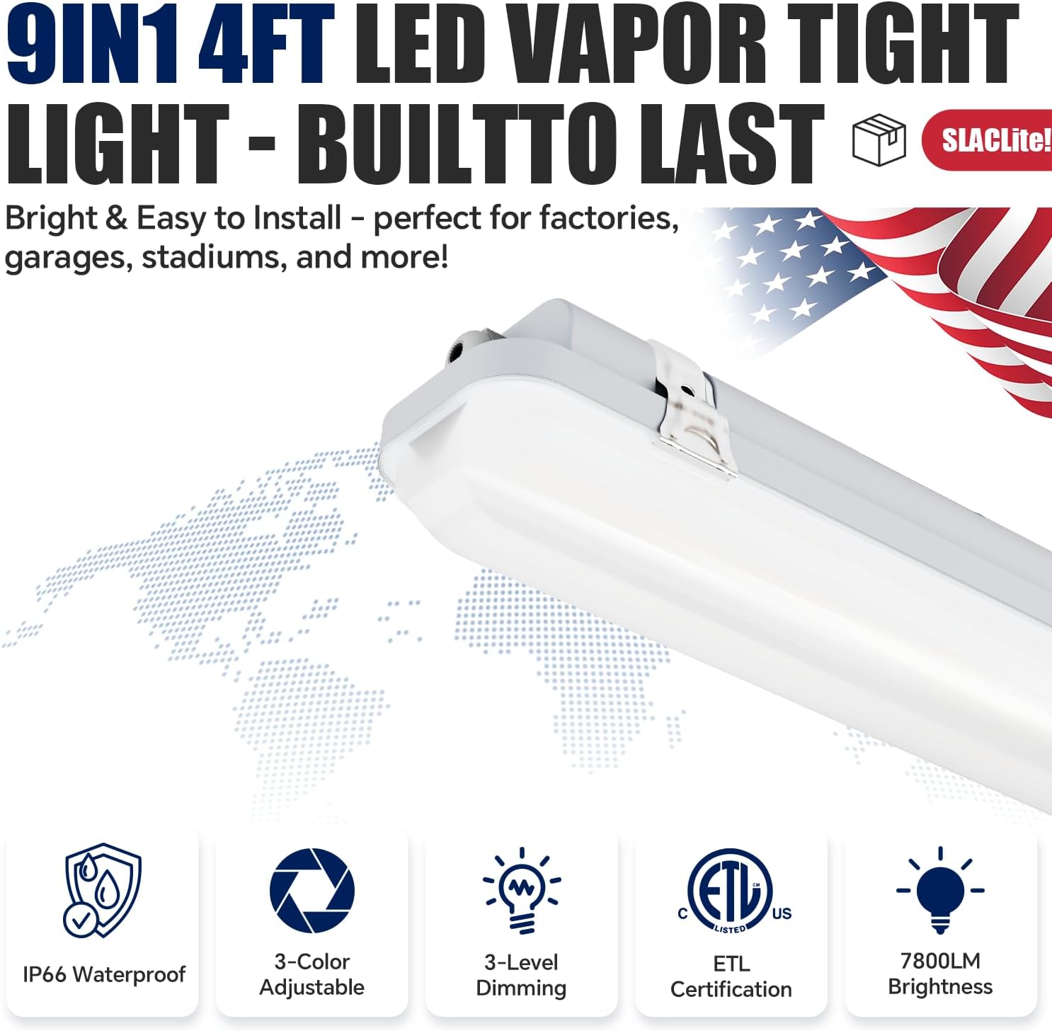 4FT LED Vapor Tight Light Fixture 60W/50W/40W, 4000K/5000K/6000K CCT Selectable 7800lm Vapor Proof Fixture for Car Wash, Garage 1-Pack