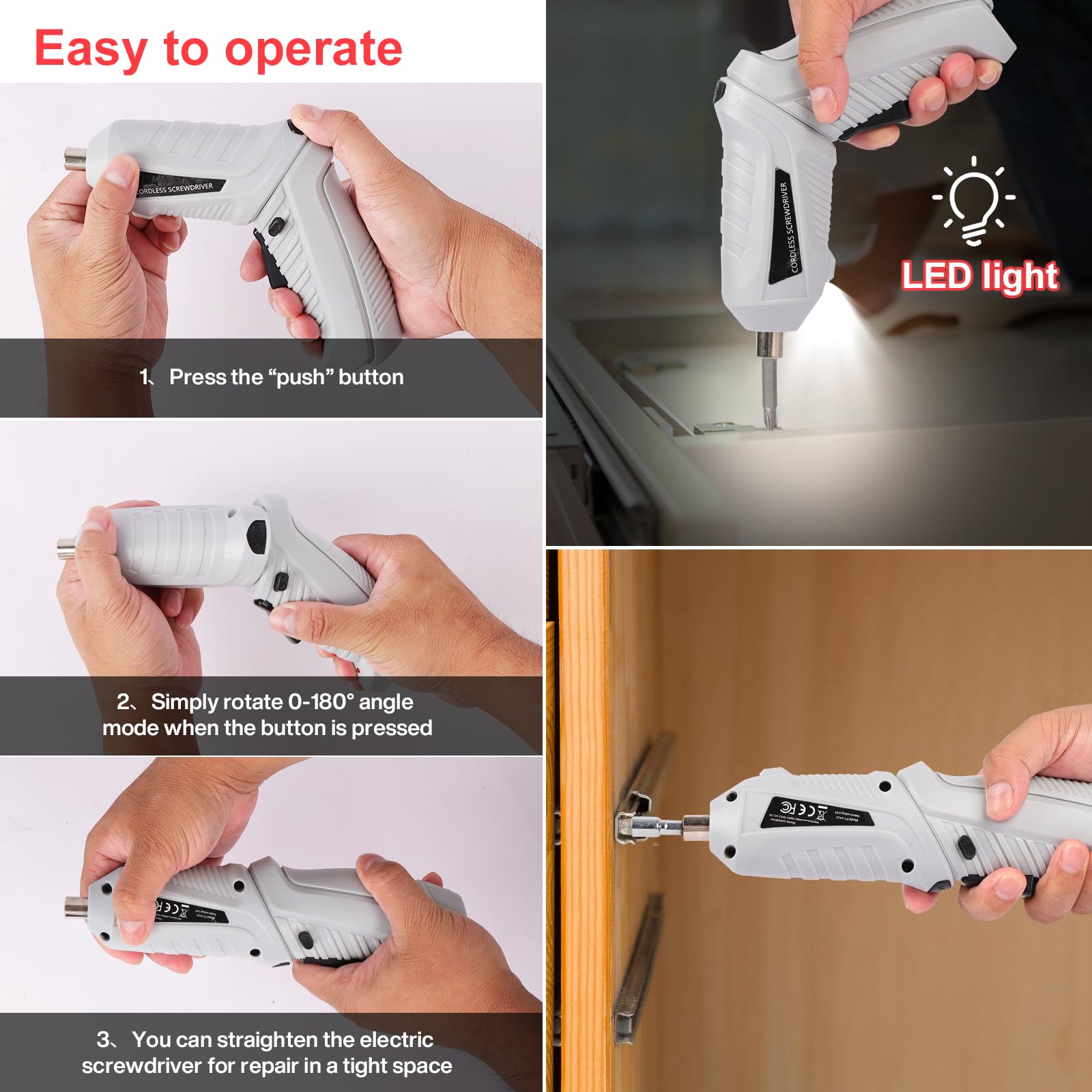 Mini Avvitatore a Batteria 3.6V: 47 pezzi Cacciavite a Batteria 1300mAh Ricaricabile USB, 2 Posizioni 90°-180°, Giravite elettrico con Coppia 3.6Nm, Luce LED, Ideale per Casa e Montaggio Mobili Nero